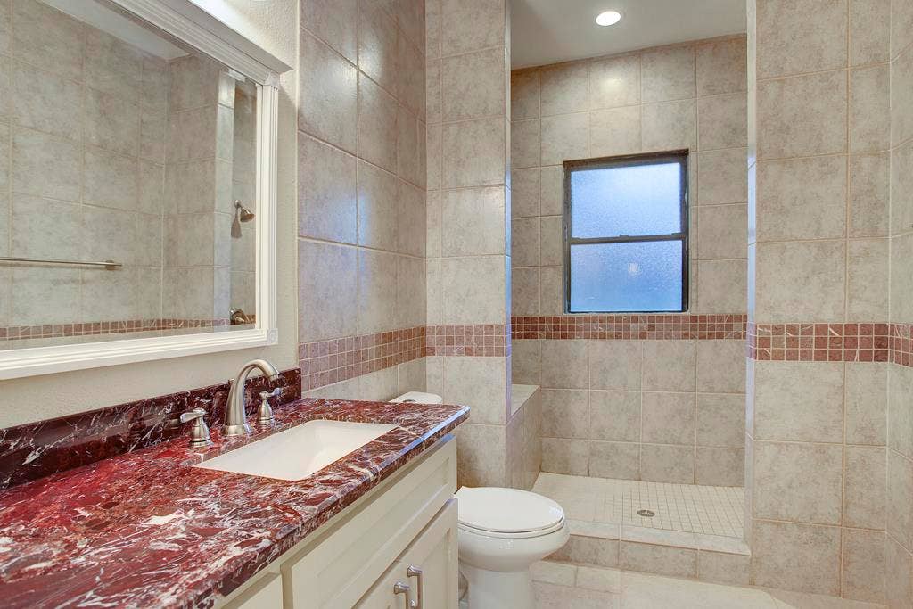 830 Key Street, Houston, TX 77009 Completely Remodeled Bath w Custom Designer Red Granite Counter