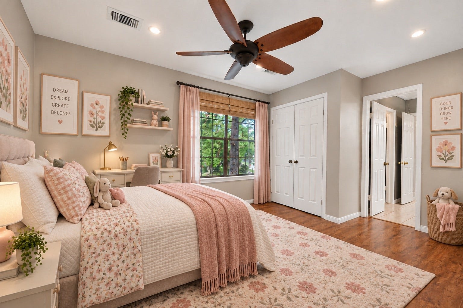 16405 Smith Street, Jersey Village, TX 77040 VIRTUALLY STAGED to illustrate the possibilities! Need a 4th bedroom? This flexible second-floor space already offers a large window, double-door closet, and direct access to an adjoining full bath. Imagine enclosing the open side with a wall and doorway to create a private Bedroom #4 while still leaving plenty of room for a bed, desk, and additional furnishings.