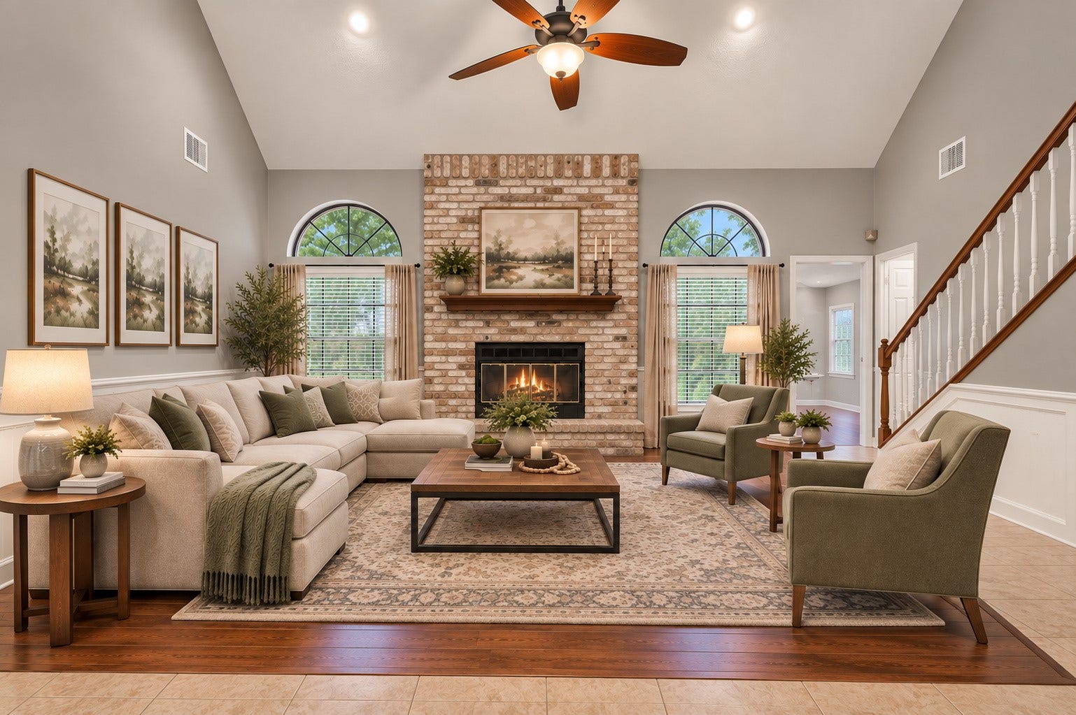 16405 Smith Street, Jersey Village, TX 77040 VIRTUALLY STAGED to showcase the impressive scale and possibilities of this dramatic Family Room. Soaring ceilings with wood beam accents, a floor-to-ceiling brick fireplace, and oversized arched windows create a striking backdrop, while the generous dimensions easily accommodate a large sectional and additional seating. Imagine gathering around the fireplace, relaxing at the end of the day, or simply enjoying this inviting space at the heart of the home.