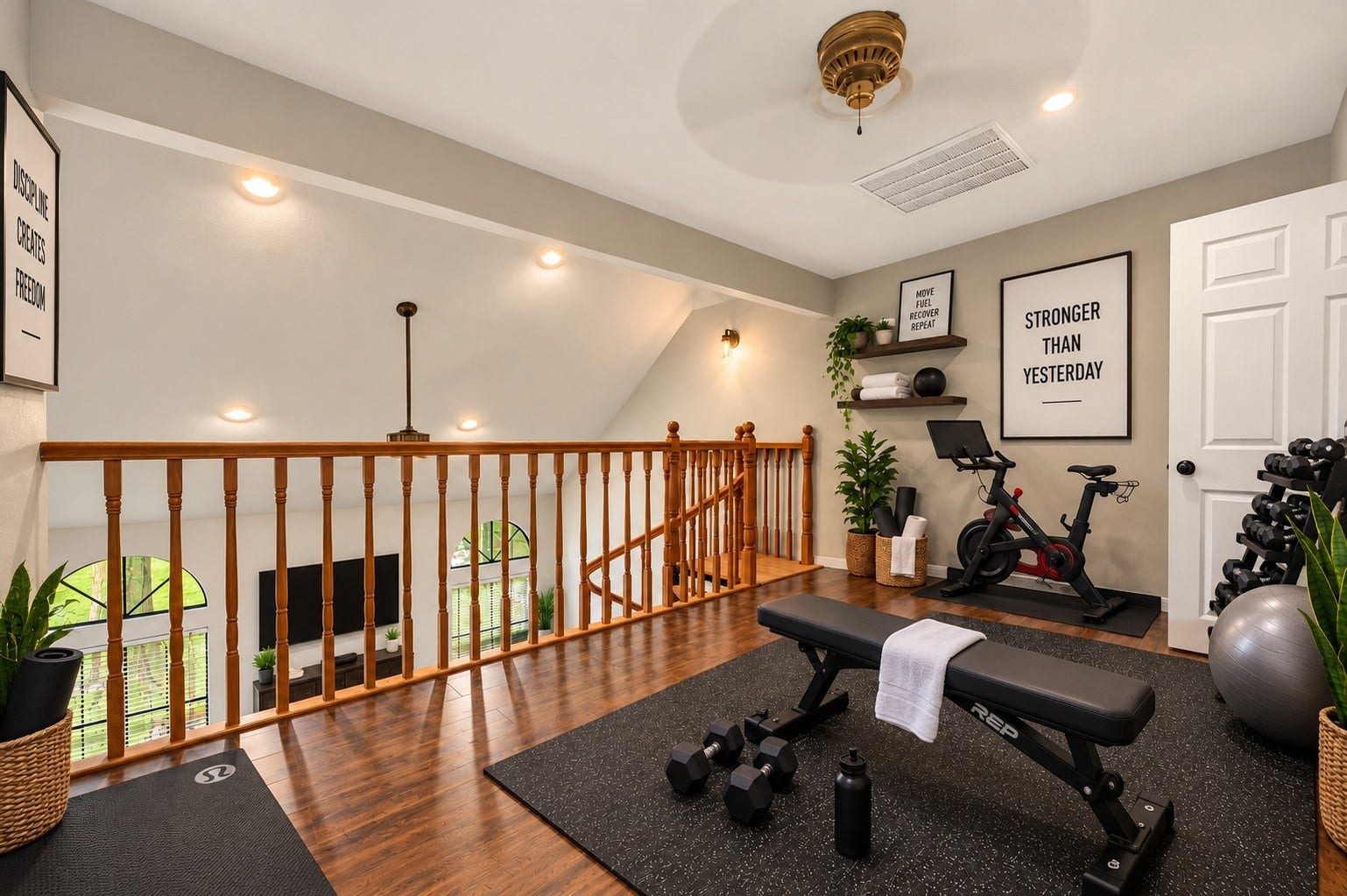 16405 Smith Street, Jersey Village, TX 77040 VIRTUALLY STAGED to showcase the possibilities of this versatile Loft overlooking the expansive game room below. Previously used as a home gym, this flexible space offers plenty of room for workout equipment, yoga, hobbies, or a quiet retreat. The open railing maintains a visual connection to the Game Room while allowing each area to serve its own purpose. Another example of the remarkable flexibility this home has to offer!