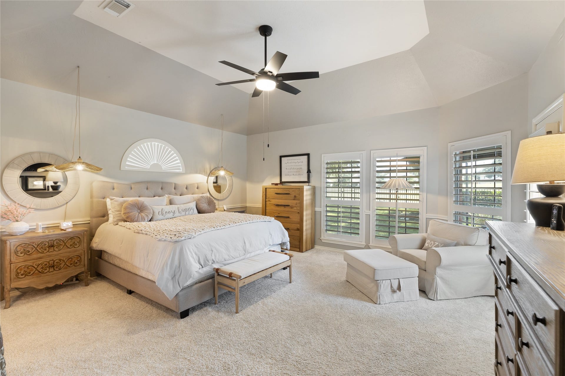 16511 E Canterra Circle, Houston, TX 77095 Spacious primary bedroom with plantations shutters and view of golf course