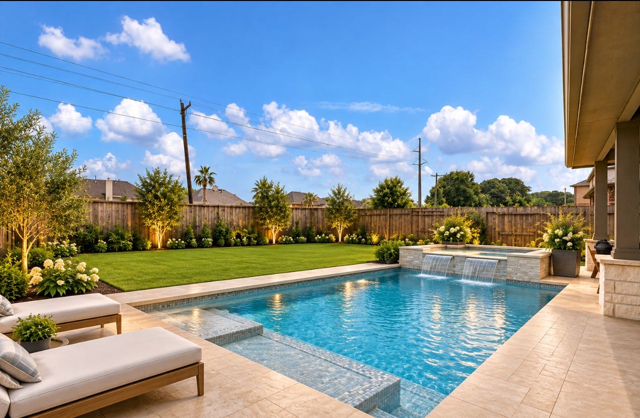 1520 Harvest Vine Court, Friendswood, TX 77546 Conceptual Rendering showing potential for backyard pool. The sellers already did the large back patio addition. Note that there are no direct back neighbors.