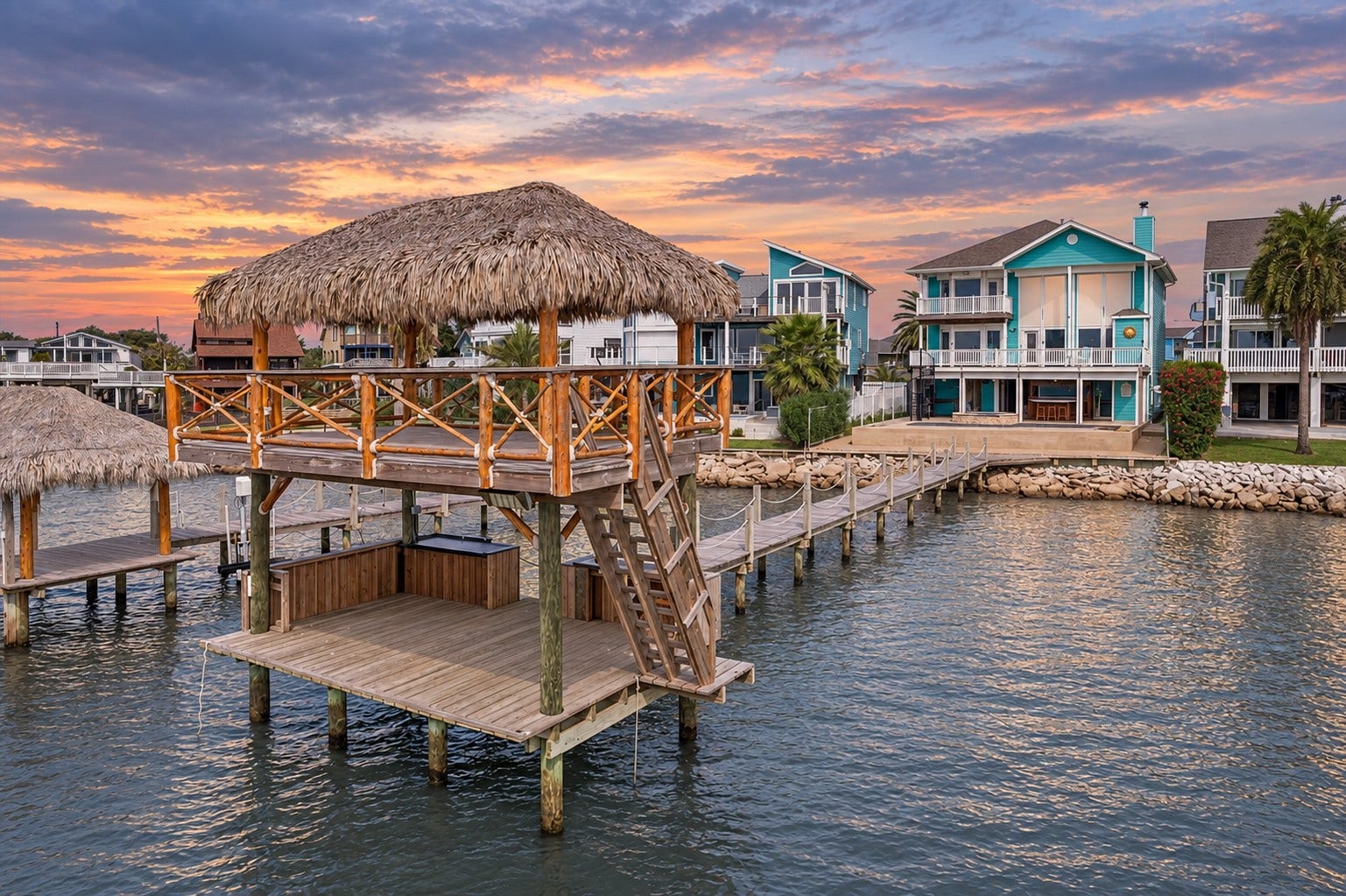 1331 EDWARDS DRIVE, Dickinson, TX 77539 THE TWO-LEVEL PALAPA-COVERED DOCK PROVIDES SHADED SPACE ON BOTH LEVELS WITH EXPANSIVE OPEN-WATER VIEWS.