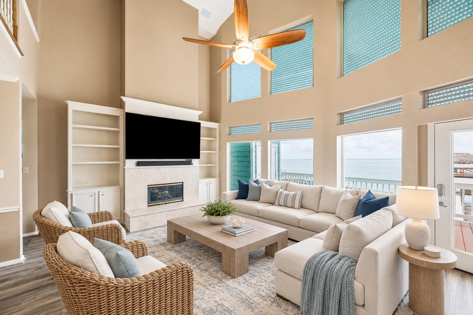 1331 EDWARDS DRIVE, Dickinson, TX 77539 THE TWO-STORY FAMILY ROOM FEATURES A FIREPLACE, BUILT-IN STORAGE, SOARING WINDOWS, AND DIRECT BALCONY ACCESS WITH WATER VIEWS. **Virtually Staged