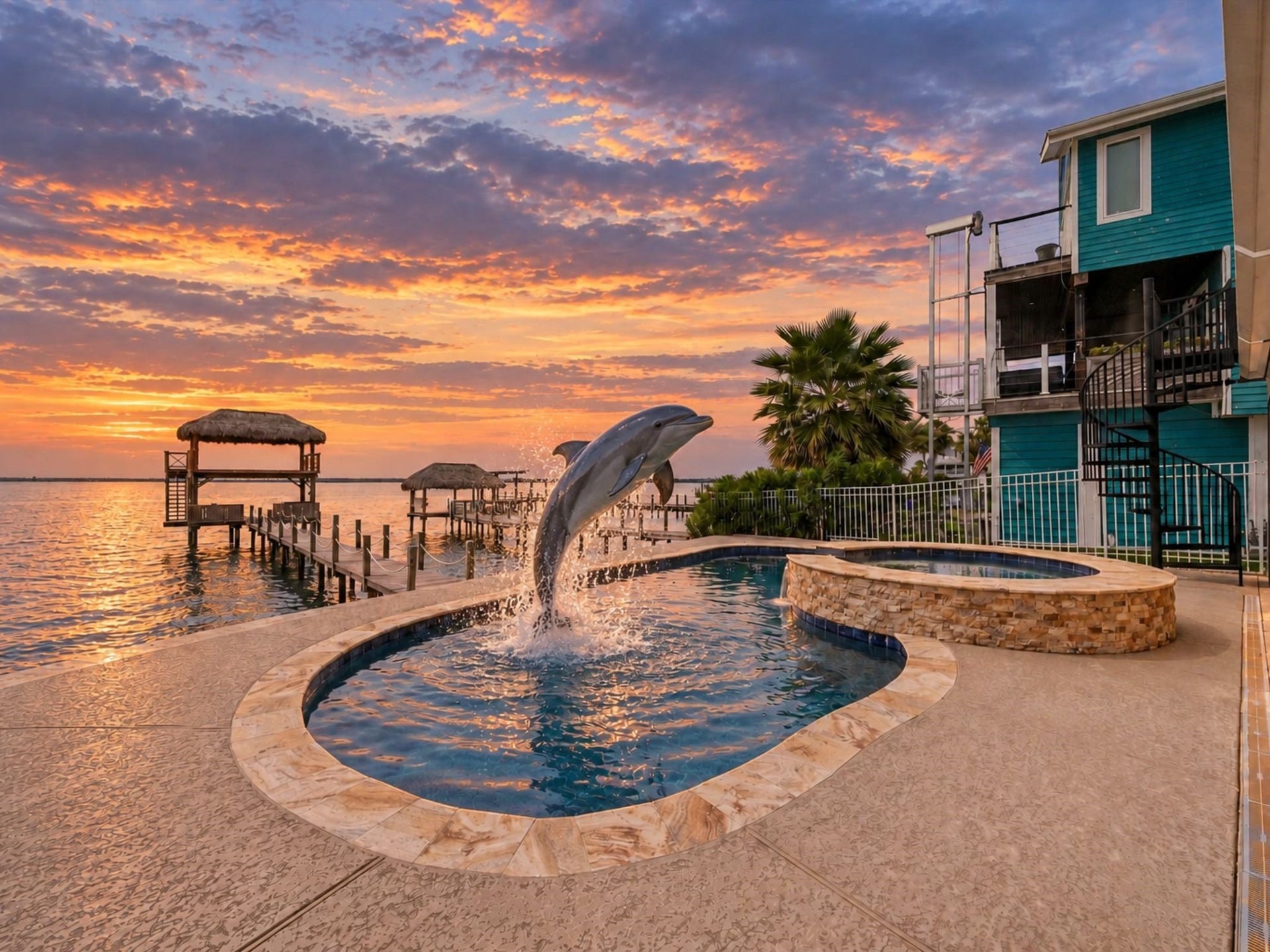 1331 EDWARDS DRIVE, Dickinson, TX 77539 THE POOL AND RAISED SPA ARE POSITIONED BESIDE A LARGE COVERED PATIO WITH DIRECT WATERFRONT VIEWS.