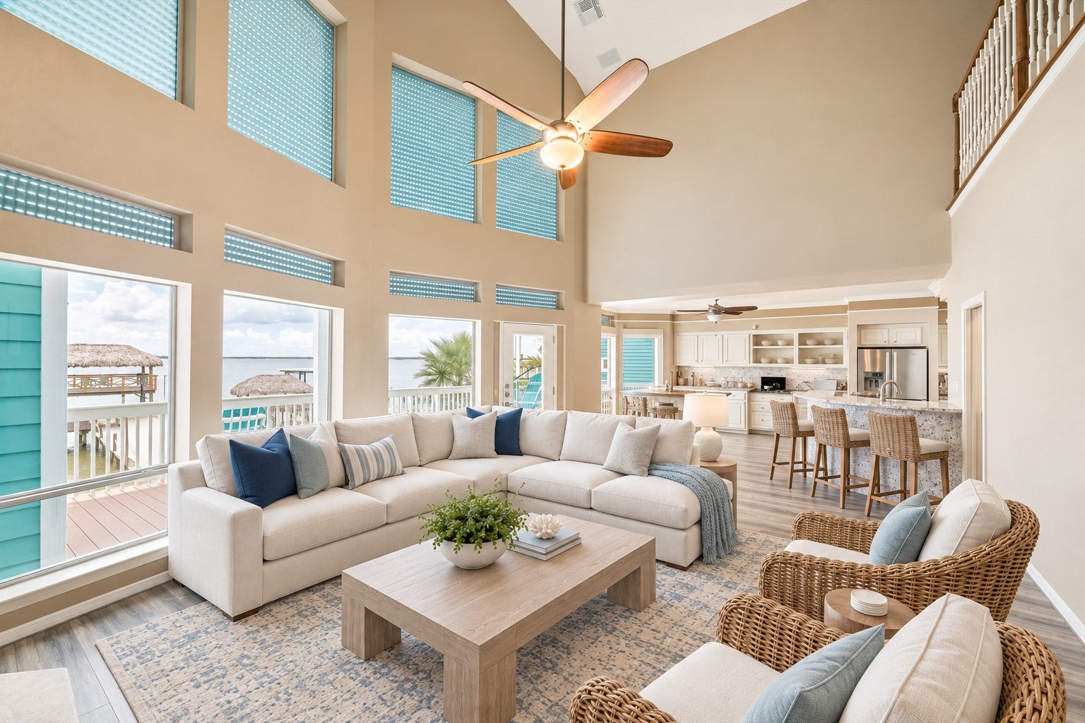 1331 EDWARDS DRIVE, Dickinson, TX 77539 THE OPEN-CONCEPT FAMILY ROOM CONNECTS SEAMLESSLY TO THE KITCHEN AND FEATURES A WALL OF WINDOWS OVERLOOKING THE WATER. **Virtually Staged