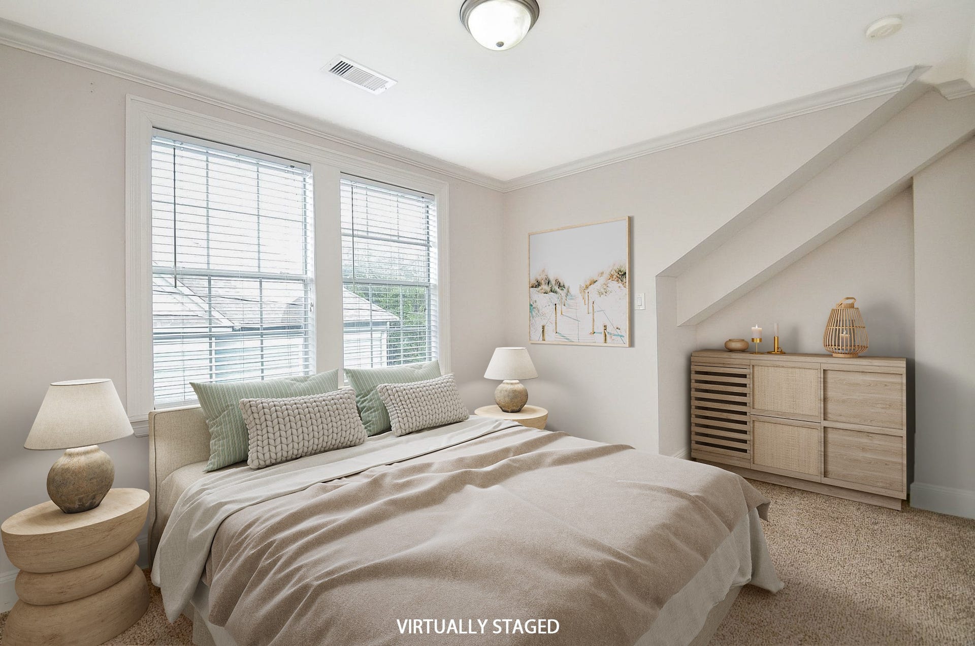 Virtually staged - primary bedroom with large windows, a ceiling fan and carpet.