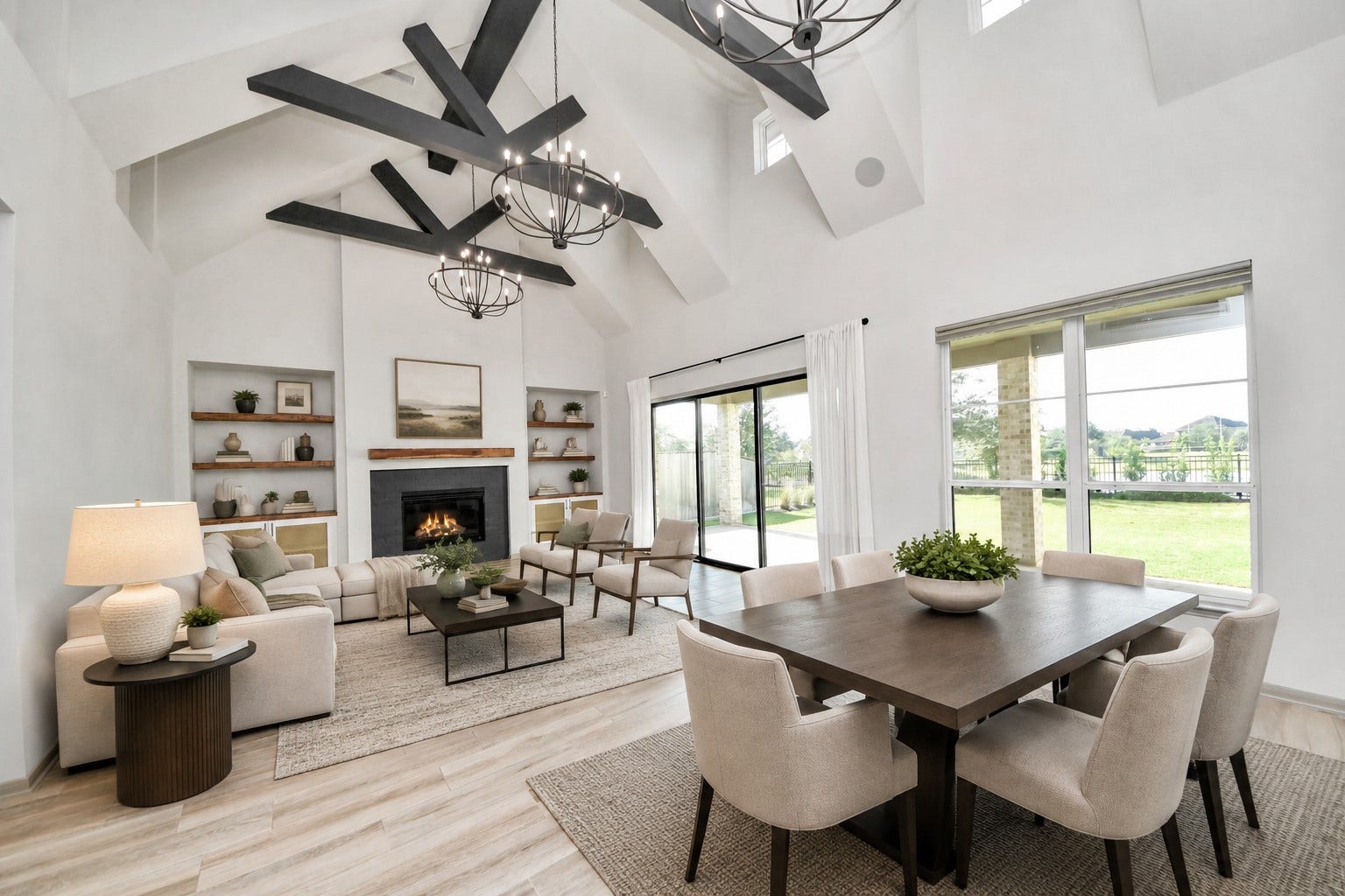 1423 Hackberry Heights Drive, Richmond, TX 77406 Spacious living and dining area with vaulted ceilings, and exposed beams.