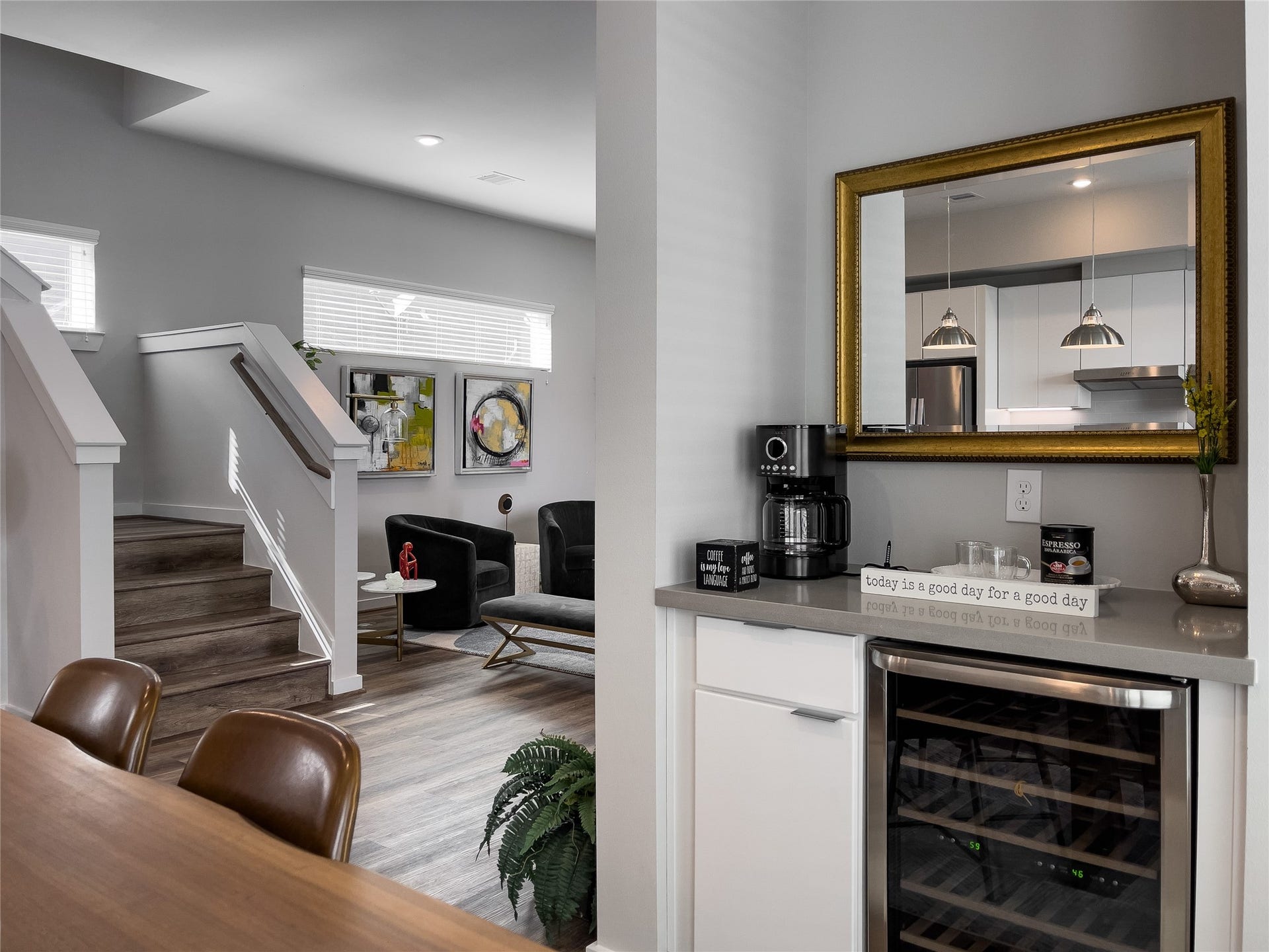 5823 Fairdale Lane, #E, Houston, TX 77057 Beverage fridge and coffee bar station.
