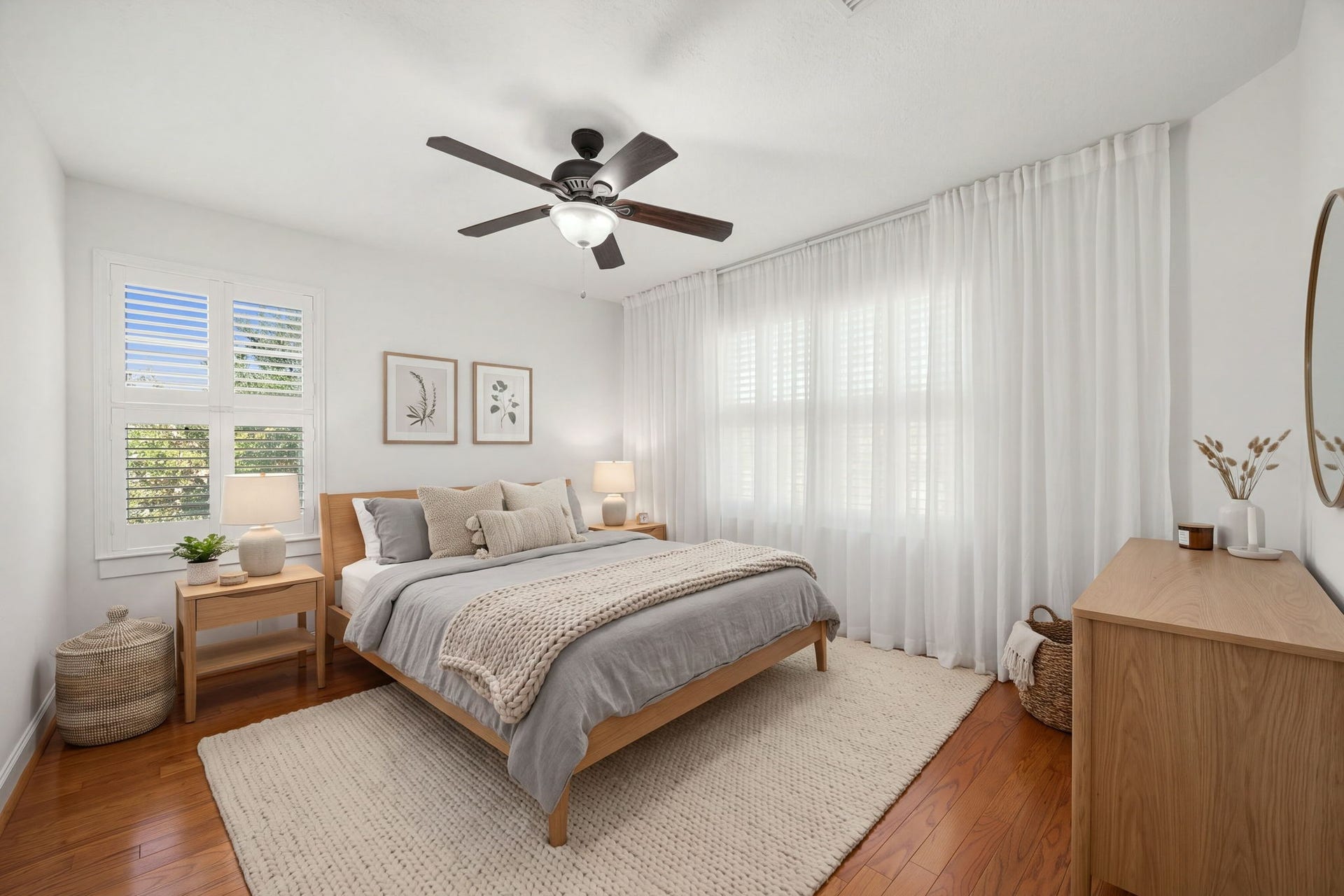 23 Pipers Meadow Street, The Woodlands, TX 77382 A fourth spacious bedroom offering incredible versatility, featuring warm hardwood flooring, elegant window treatments, custom plantation shutters, and a cooling ceiling fan. *Virtually Staged