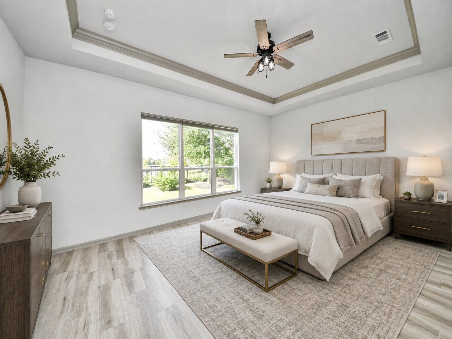 1423 Hackberry Heights Drive, Richmond, TX 77406 Virtually staged primary bedroom with elegant tray ceiling and a large window offering plenty of natural light.