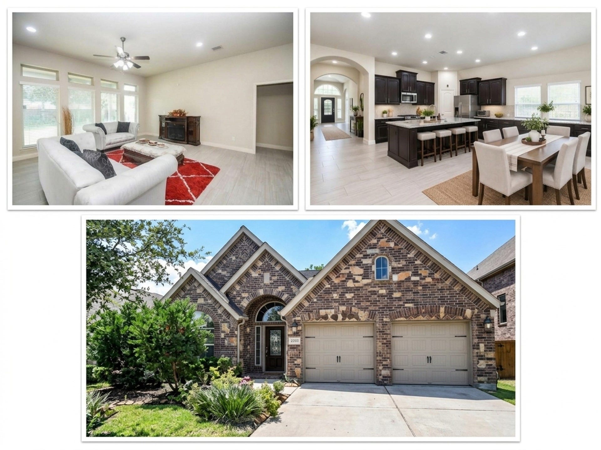 Charming brick home featuring a spacious, light-filled living room with large windows, a modern kitchen with dark cabinetry and an island, and an inviting dining area. The exterior boasts classic stone accents and a well-maintained front yard.
