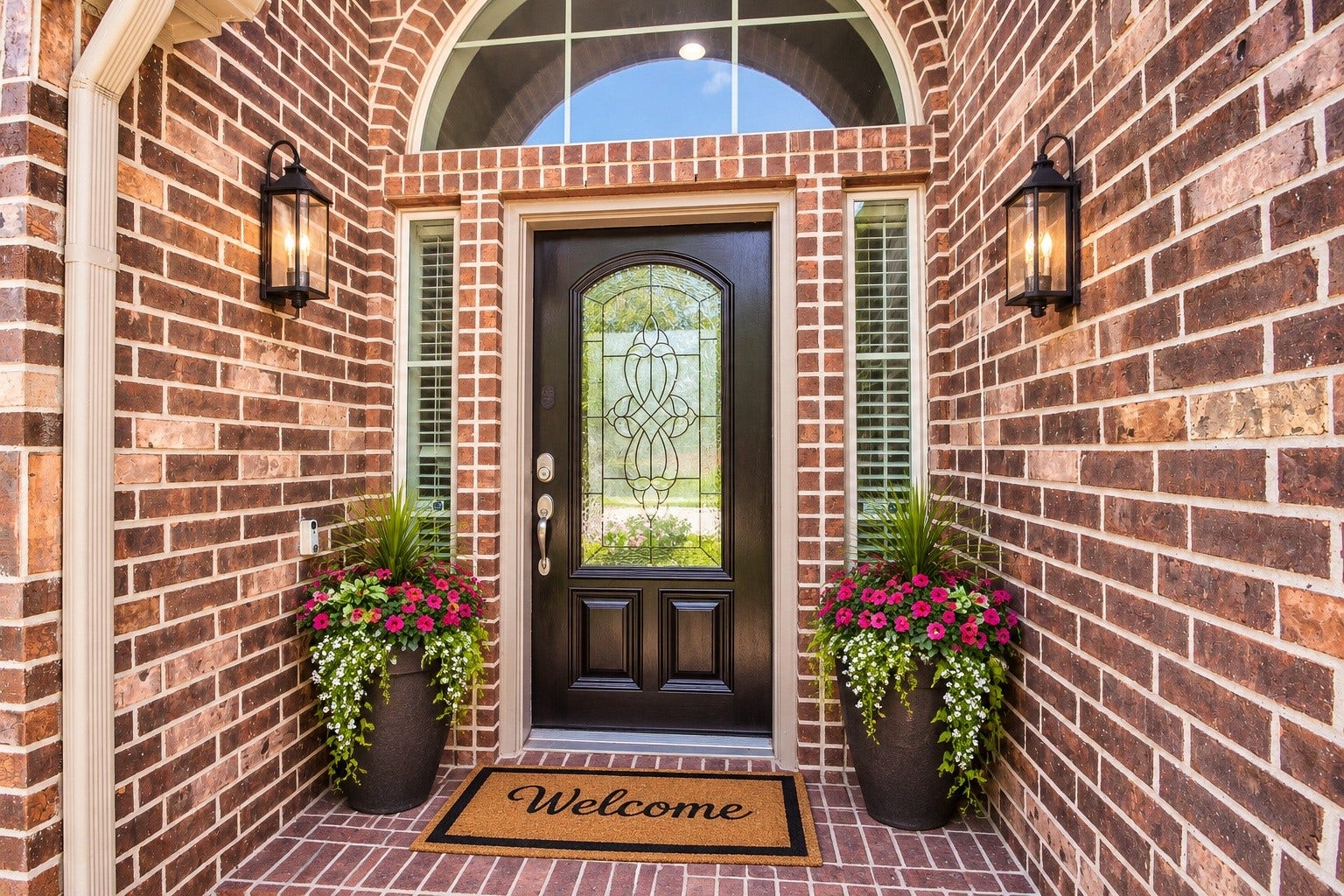 Charming brick entryway with elegant glass-paneled door, flanked by lantern sconces and vibrant floral planters.