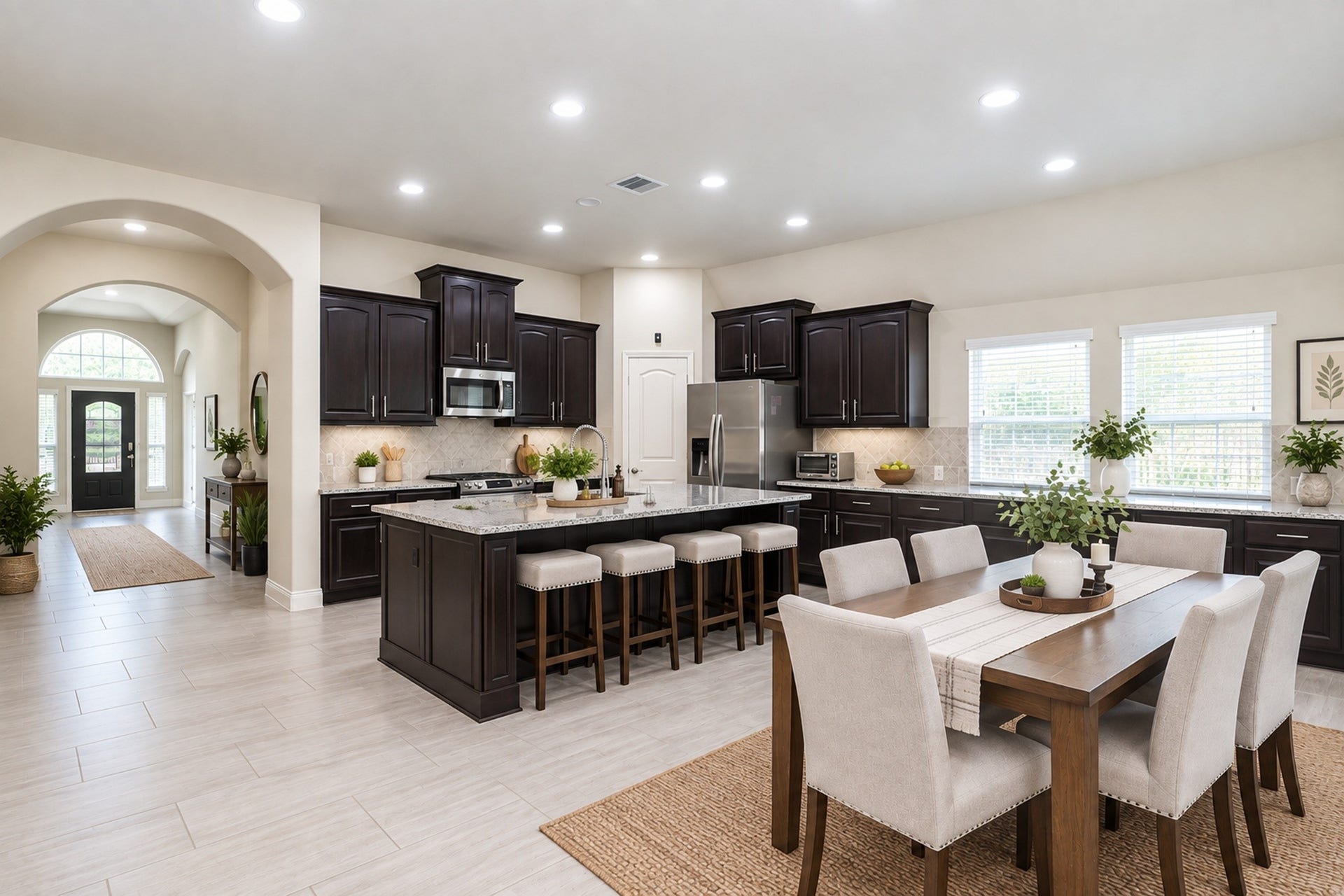 Spacious open-concept kitchen and dining area features dark wood cabinetry, a large island with seating, and ample natural light from multiple windows.  AI designed