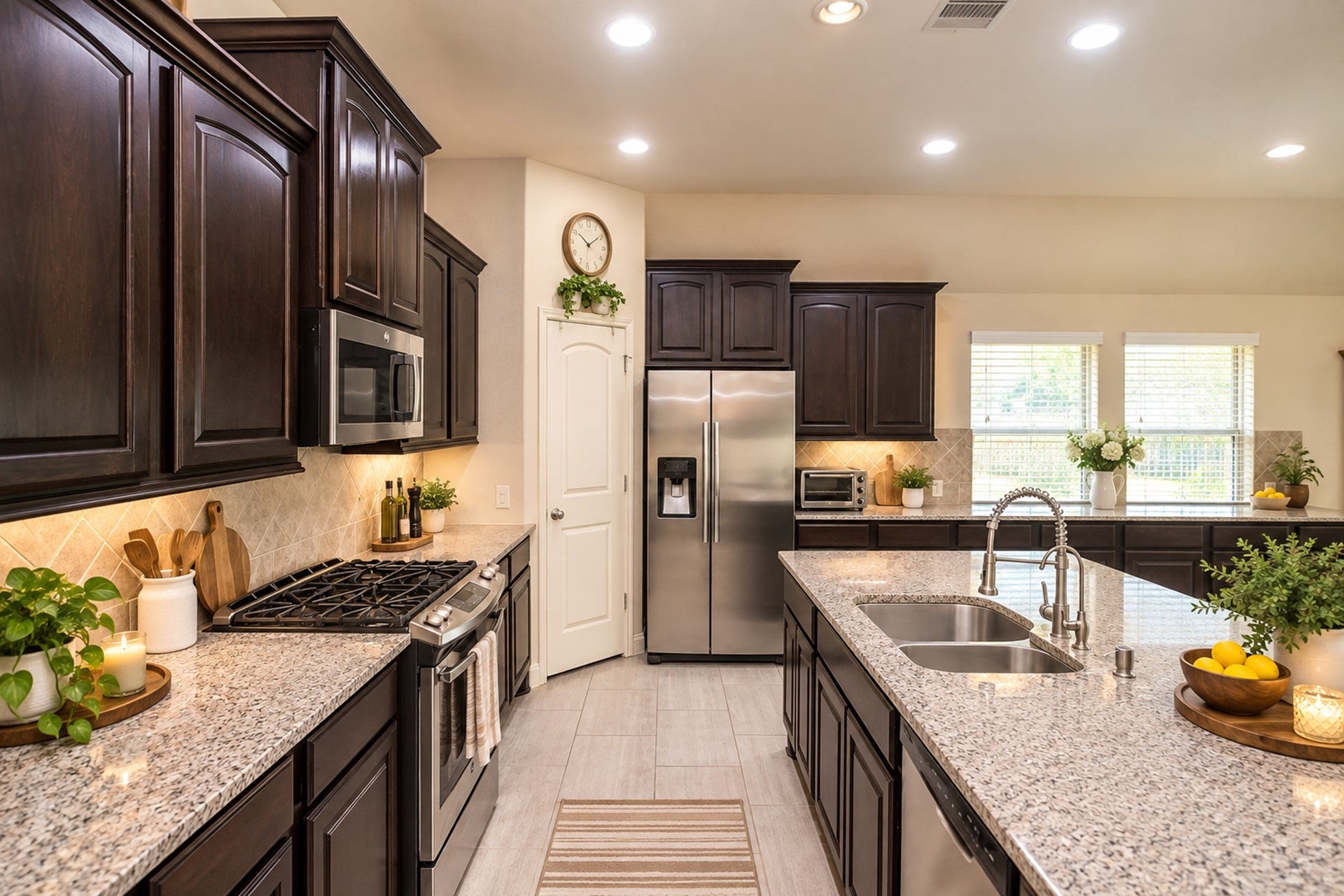 Spacious kitchen with elegant dark wood cabinetry, granite countertops, a large island with dual sinks, and stainless steel appliances, offering a perfect blend of style and functionality.  AI designed