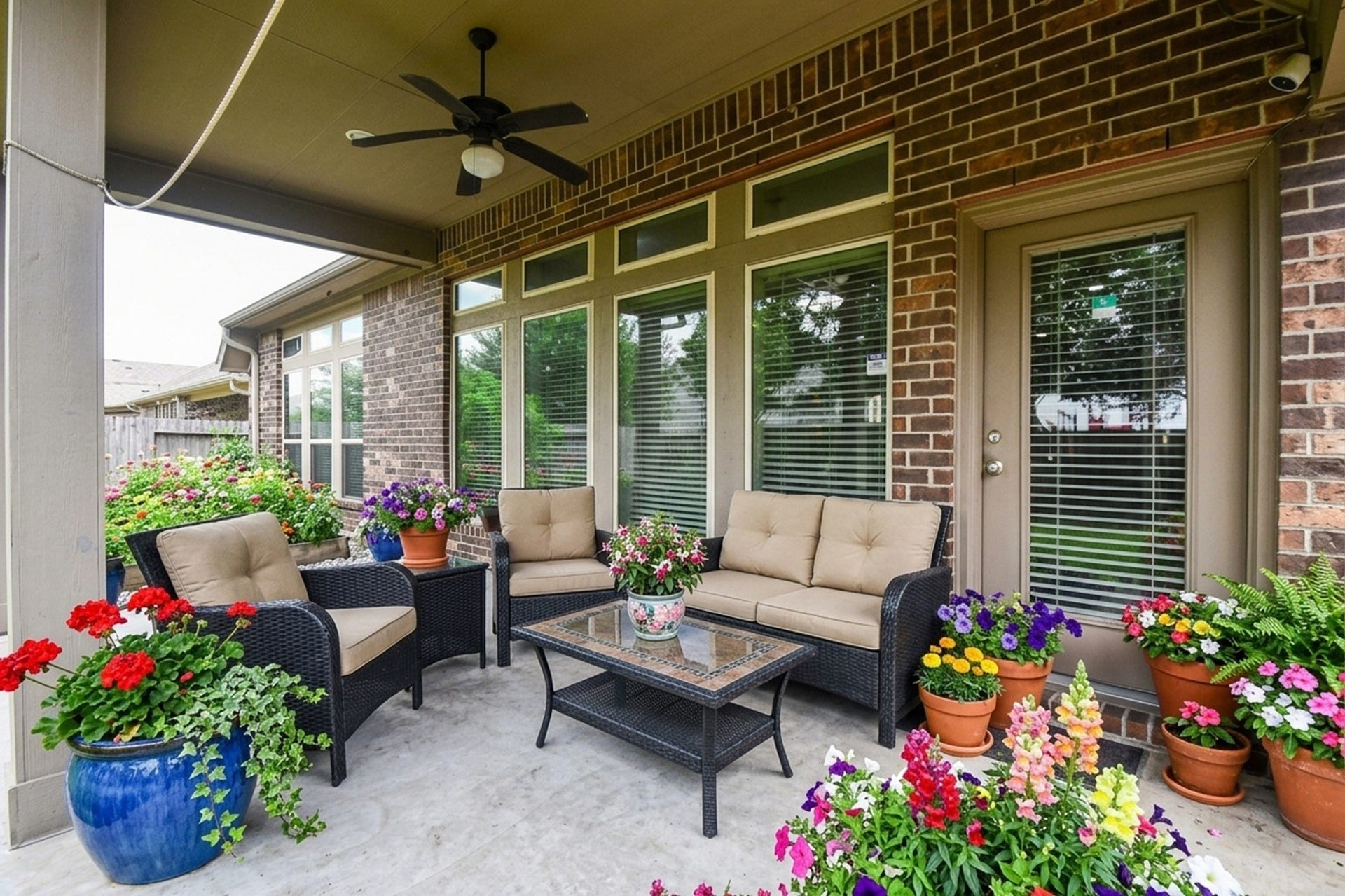 Charming covered patio with comfortable seating, surrounded by vibrant potted flowers and greenery, perfect for relaxing or entertaining.  AI designed