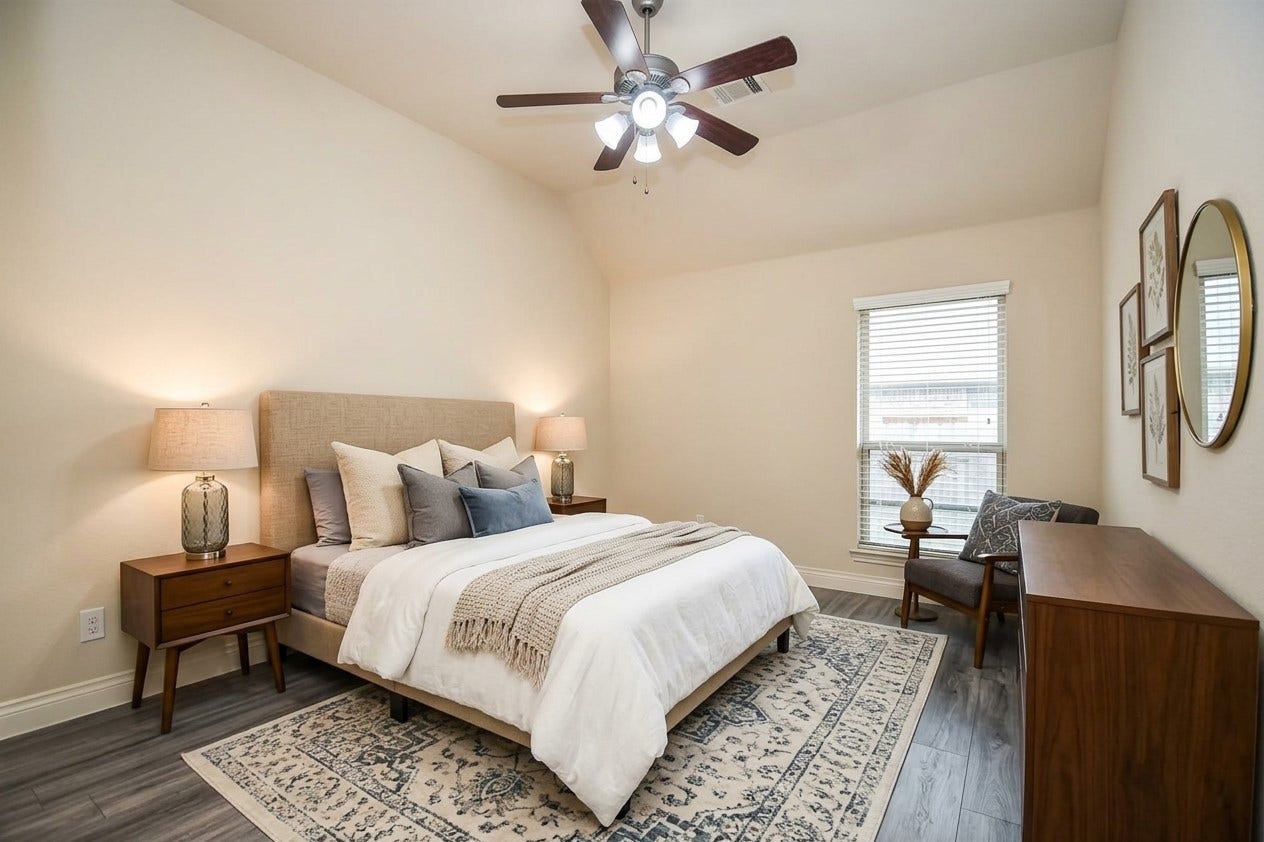 Cozy bedroom with warm lighting, featuring a comfortable bed, stylish nightstands, and elegant decor.  AI designed