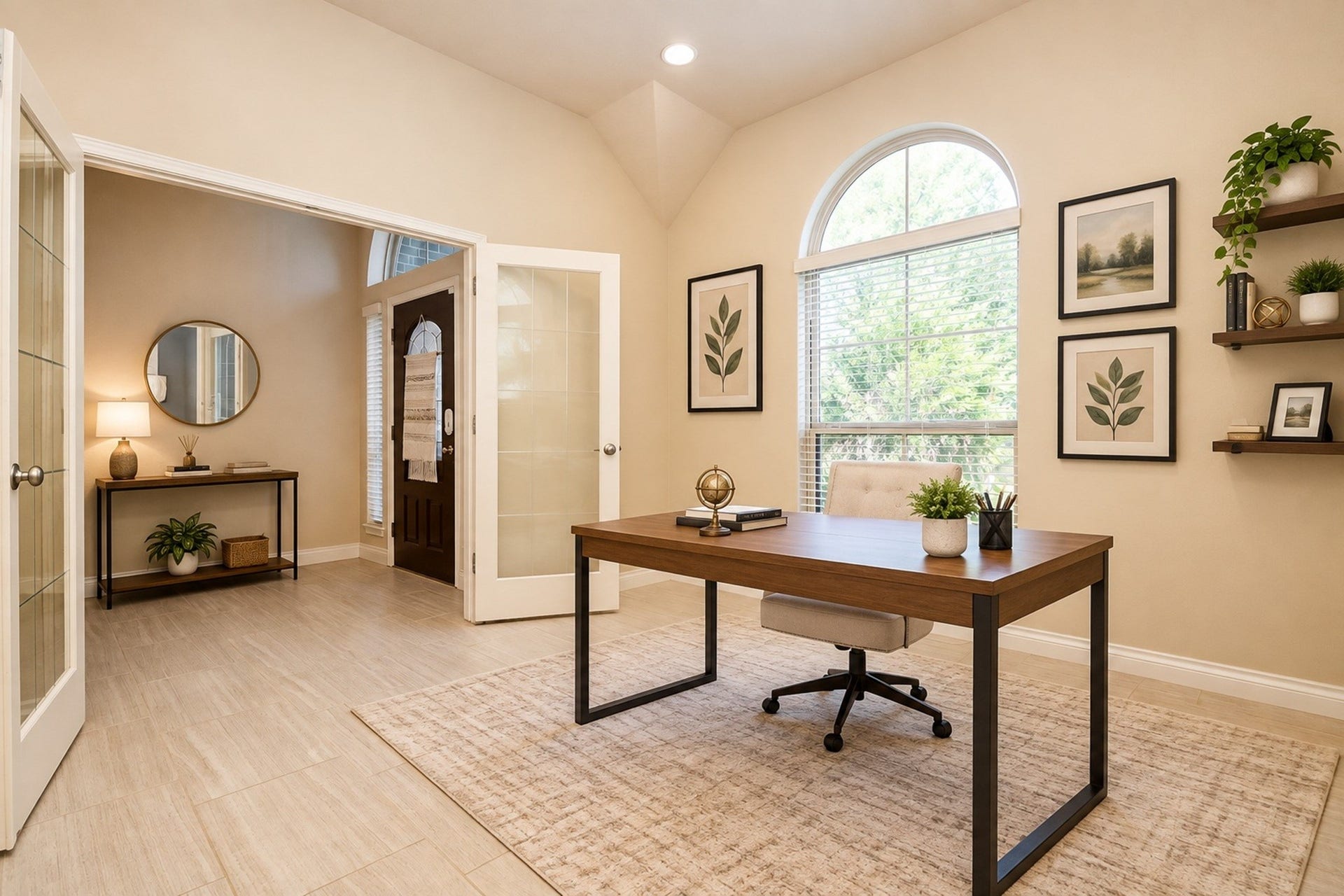 Bright and inviting home office featuring a large arched window, modern wood desk, and tasteful decor. French doors open to a spacious entryway with elegant furnishings, creating a seamless transition between spaces. AI designed