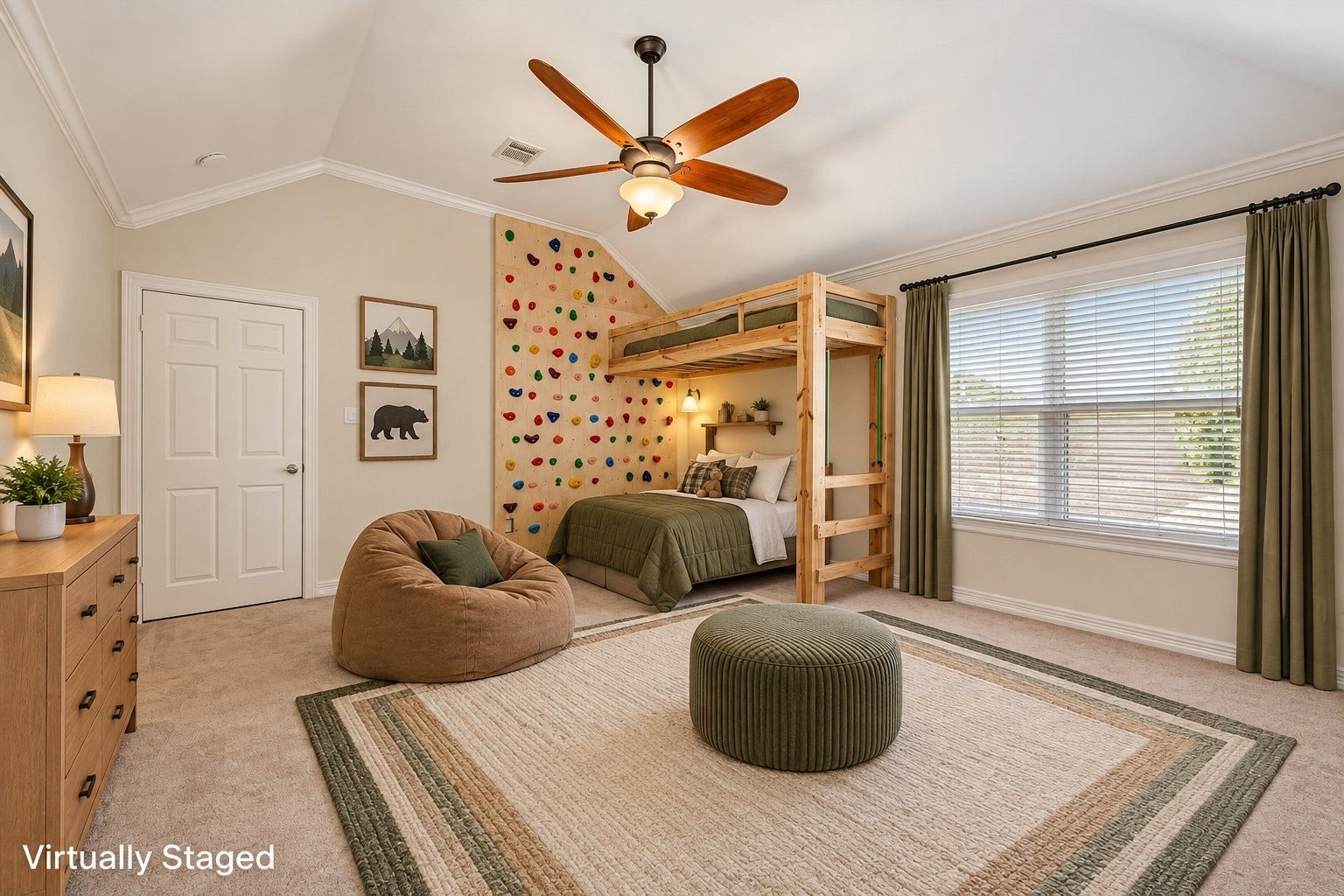 VIRTUALLY STAGED - This game room could also be a 5th bedroom if needed.  Multiple purpose room with builtins and a fun actiivty wall.