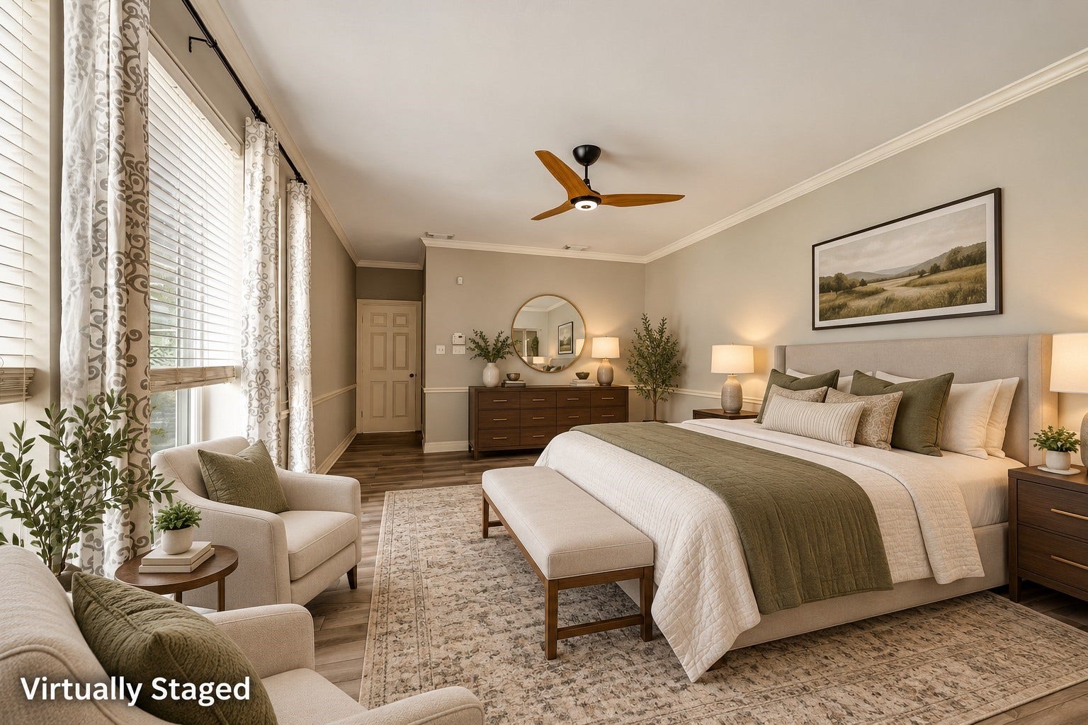 Virtually staged primary bedroom on the first floor