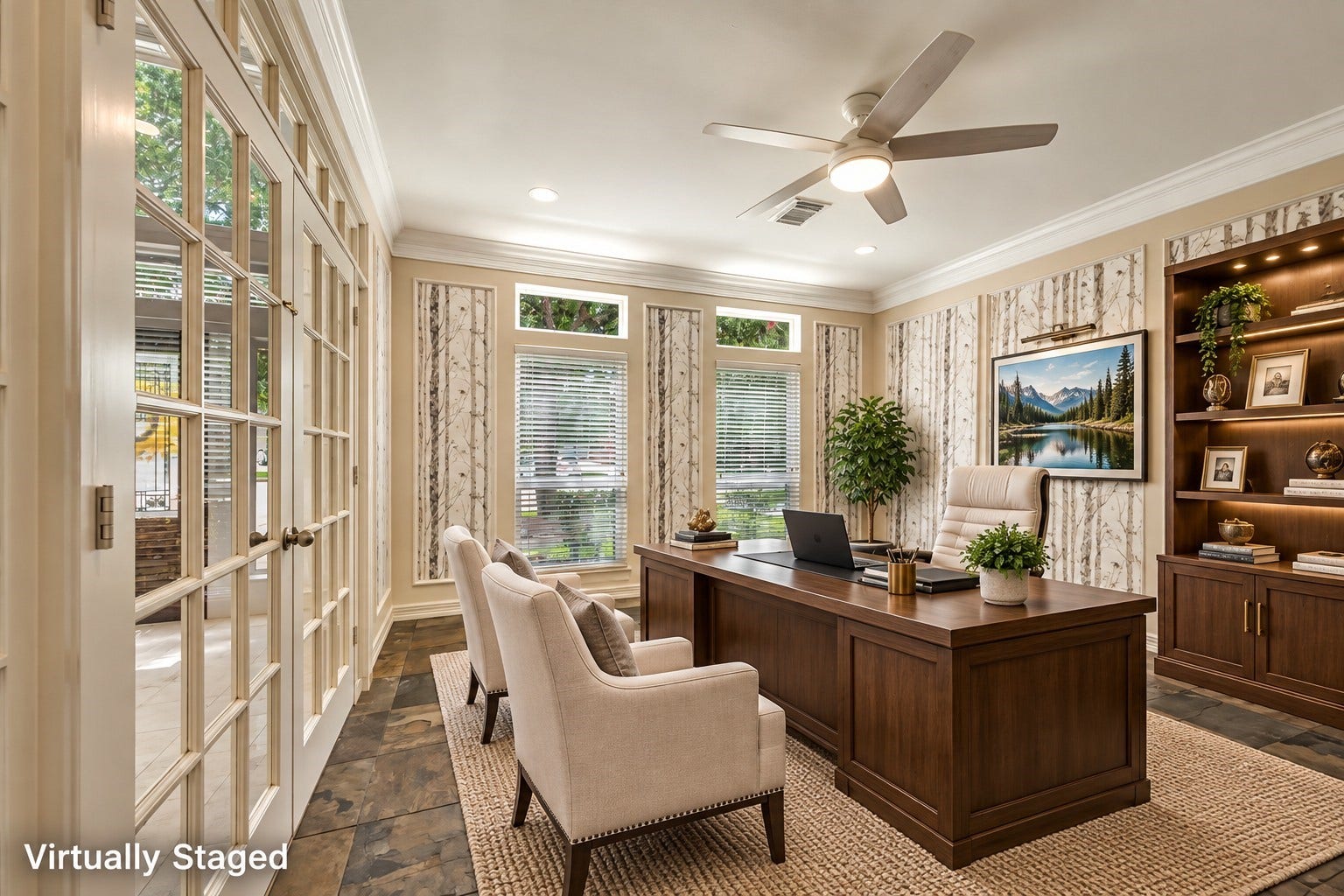 The home office -VIRTUALLY STAGED - accented by large windows and lots of natual light.  Beautiful windows offer pretty views for those that work from home.