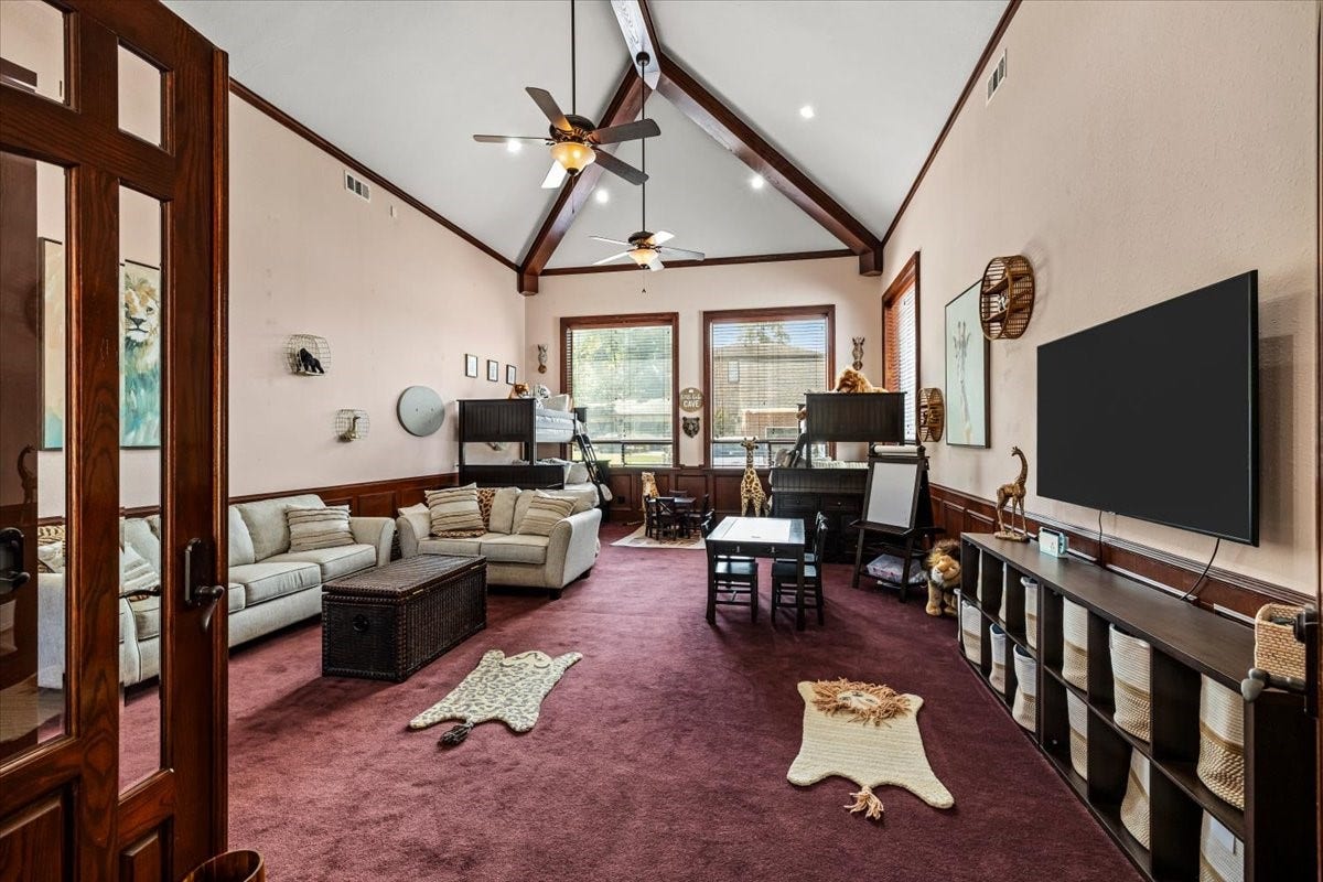 11860 Grand Harbor Boulevard, Montgomery, TX 77356 Coolest room in the house! Located on the south wing. Think Man Cave? Golf Simulator? Downstairs Media Room? Options are endless with the dramatic vaulted ceilings and huge space!