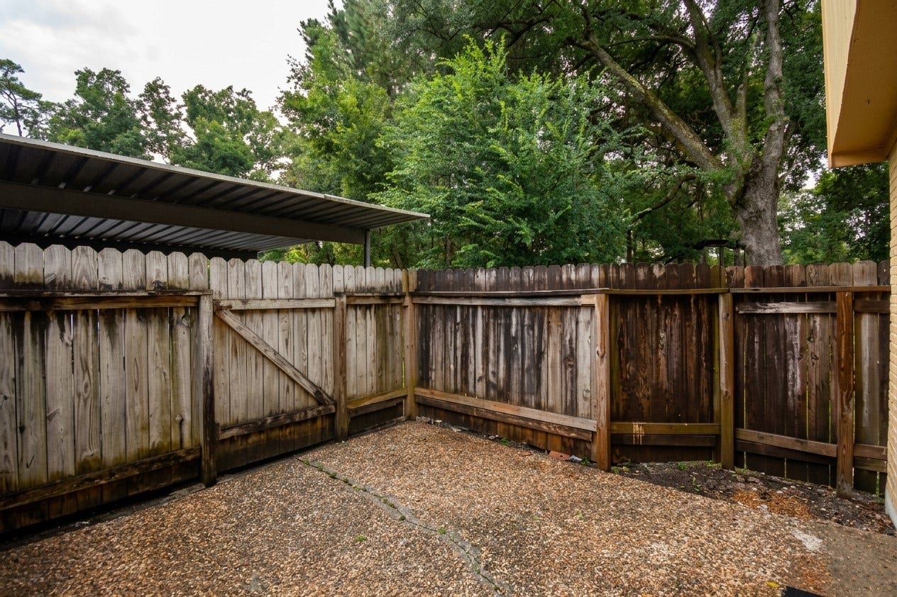427 Sunset Drive, #7, Dickinson, TX 77539 Outdoor living is easy with a private fenced patio that includes a handy storage closet.