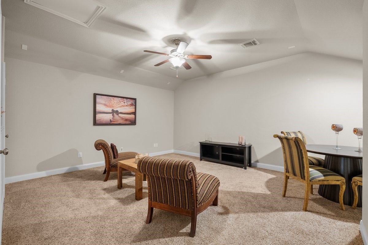 416 Via Regatta Drive, Webster, TX 77598 The third level is a true showstopper, offering a massive 15x15 media/game room with a private half bath and surround sound.
Entertain on the third floor in the massive media room, pre-wired for surround sound with its own half bath for guest convenience.