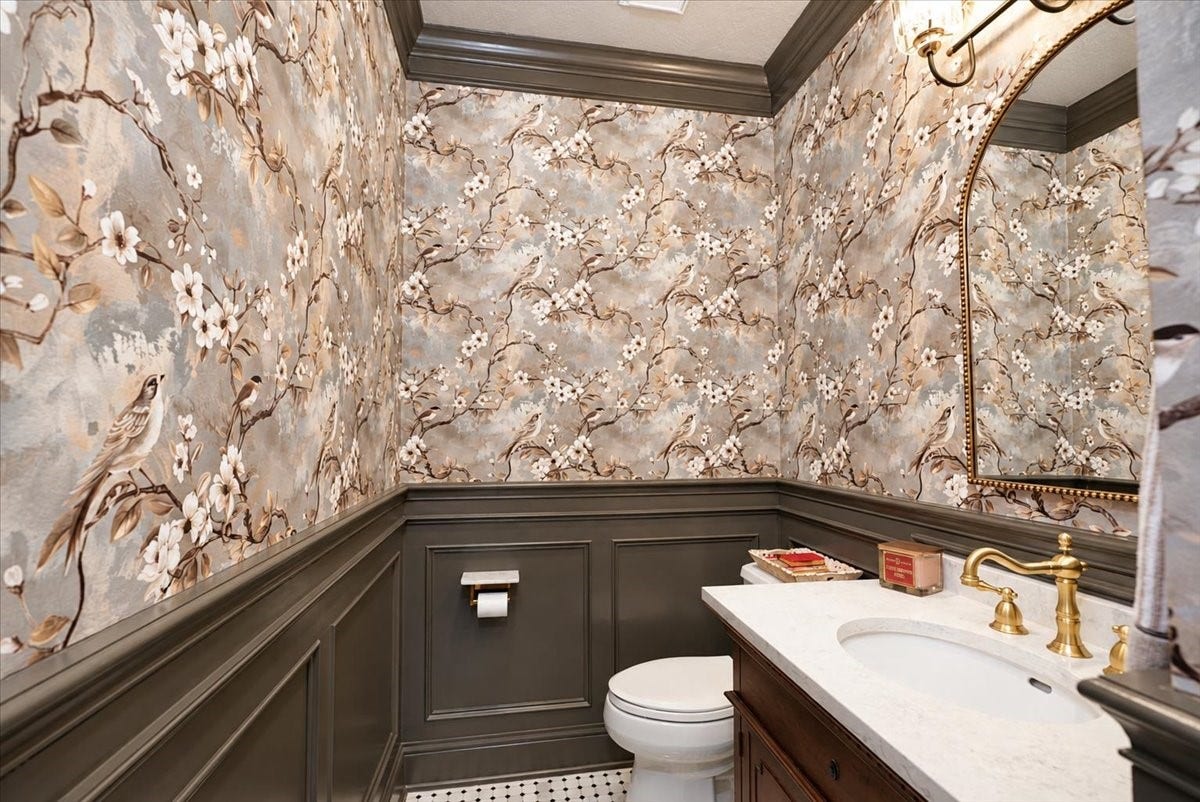 14026 Champions Hamlet Court, Houston, TX 77069 Details your guests will notice. This powder bath was fully updated in 2025 with marble tile, wallpaper, and painted enameled paneling, so a quick stop feels like a design moment.