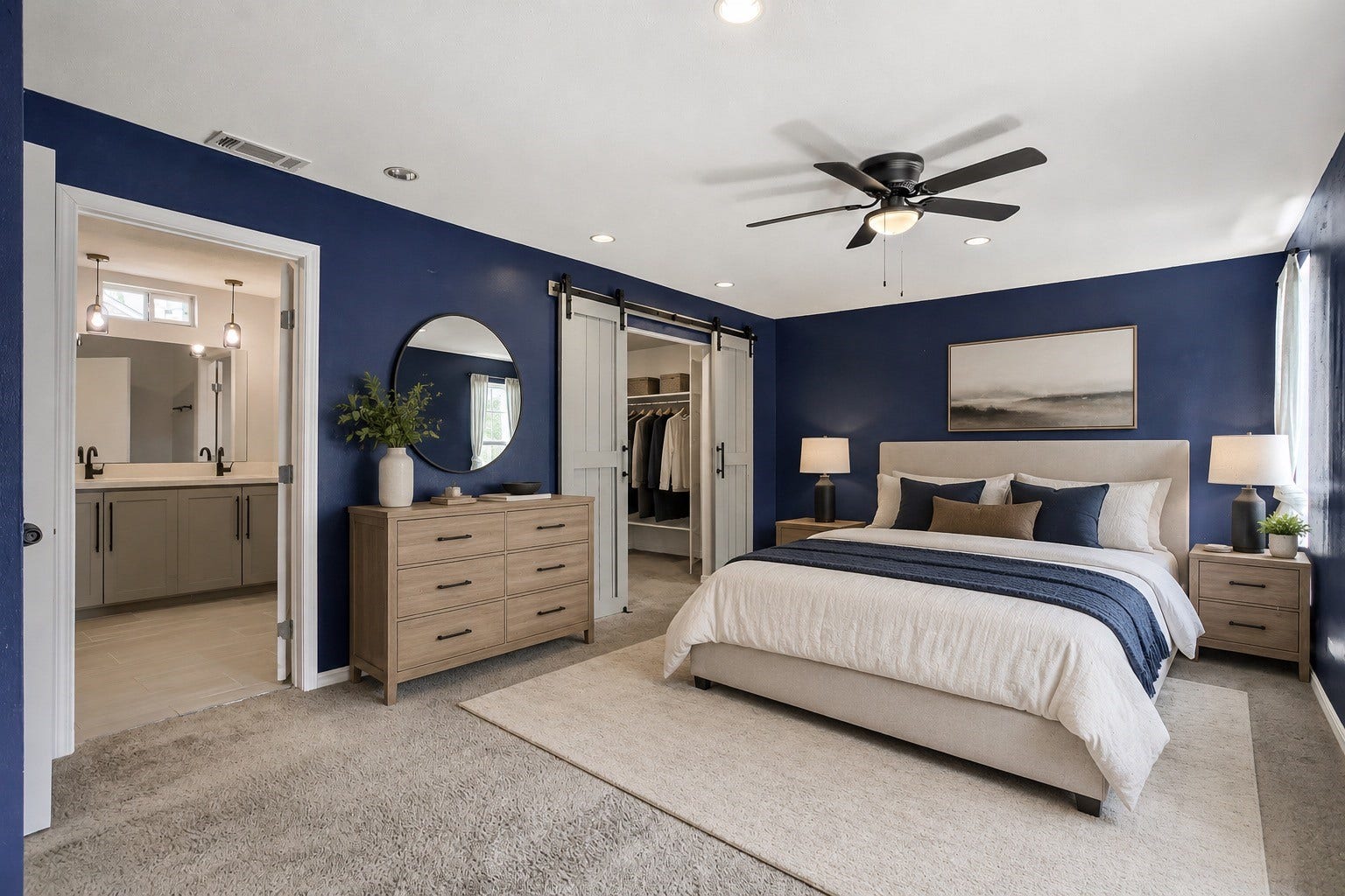 16505 Cornwall Street, Jersey Village, TX 77040 First-floor primary bedroom, beautifully virtually staged, one of two spacious suites.