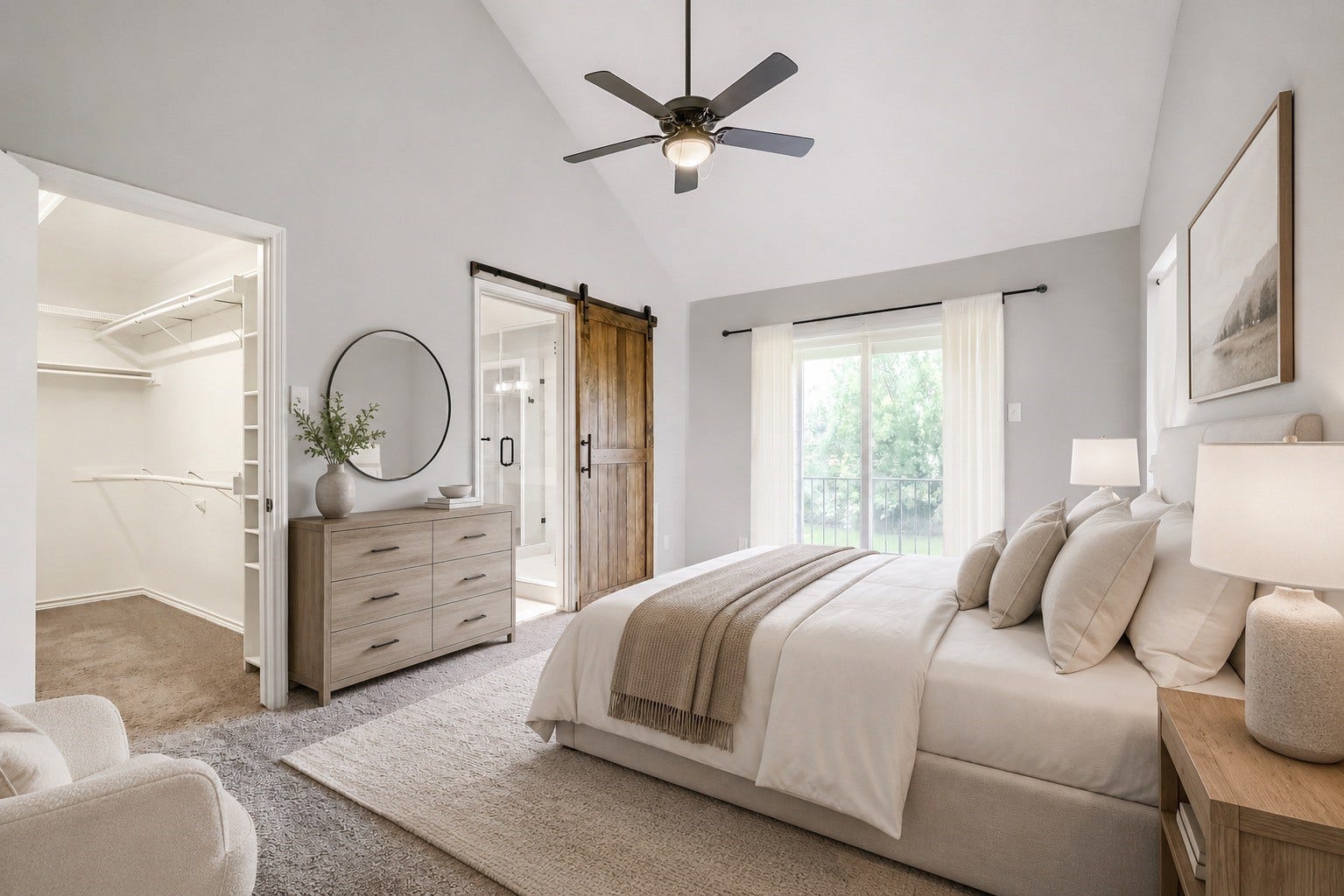 16505 Cornwall Street, Jersey Village, TX 77040 Elegant and inviting, this virtually staged primary bedroom on the second floor boasts natural light and modern comfort.
