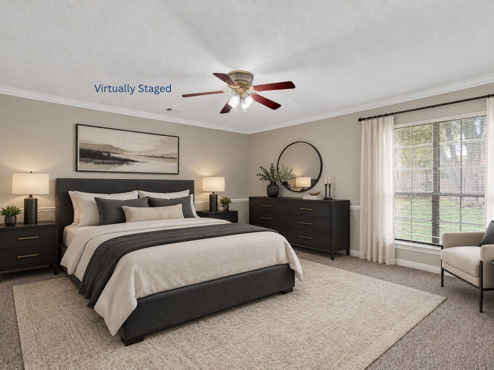 Virtually staged to reveal its possibilities, this spacious primary bedroom offers a calming retreat where buyers can imagine ending each day in a space designed around their own style and comfort.