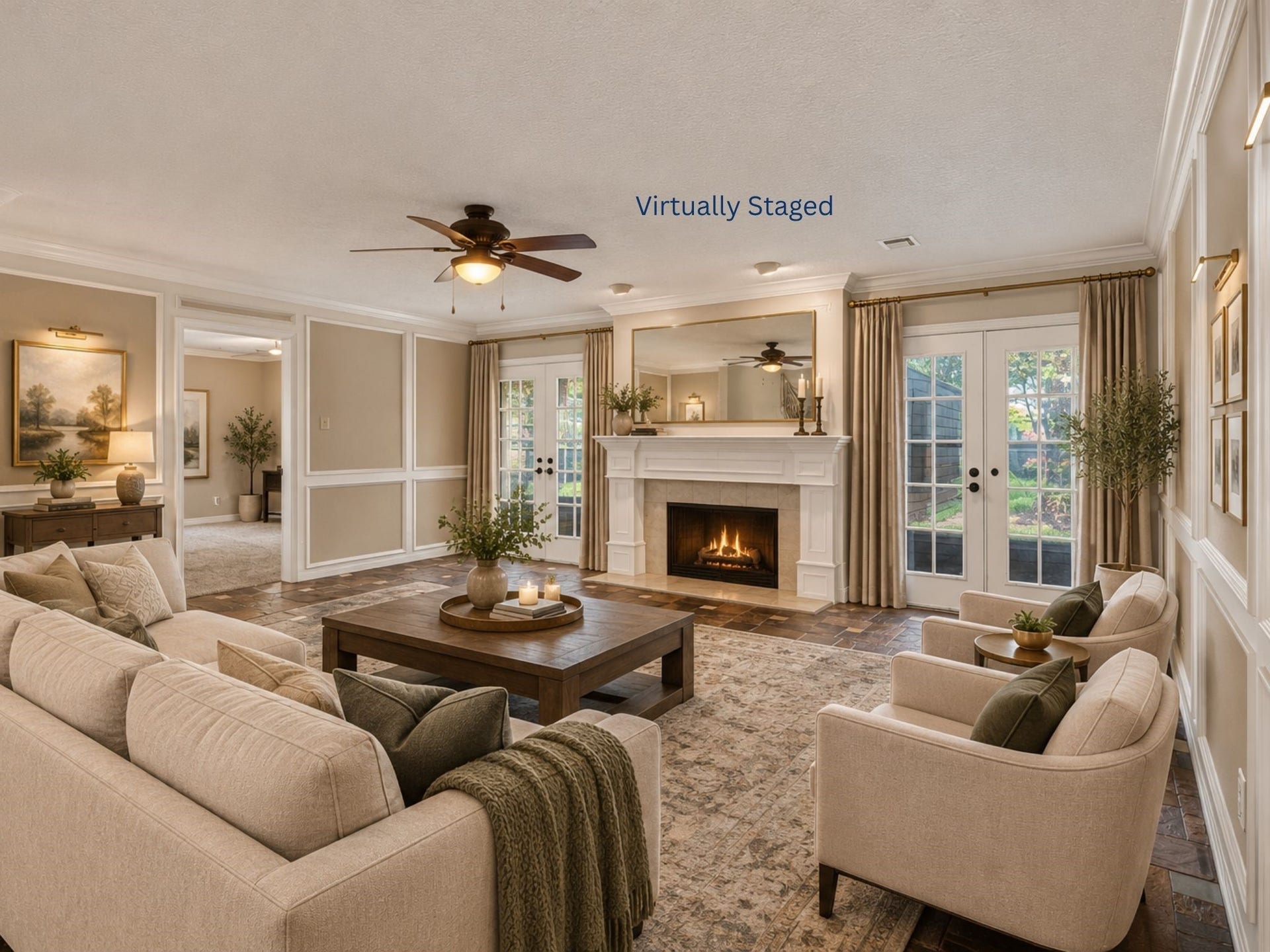 Thoughtfully furnished to illustrate the room's possibilities, this inviting living area shows how easily the space can become a comfortable place to gather, relax, and make memories.