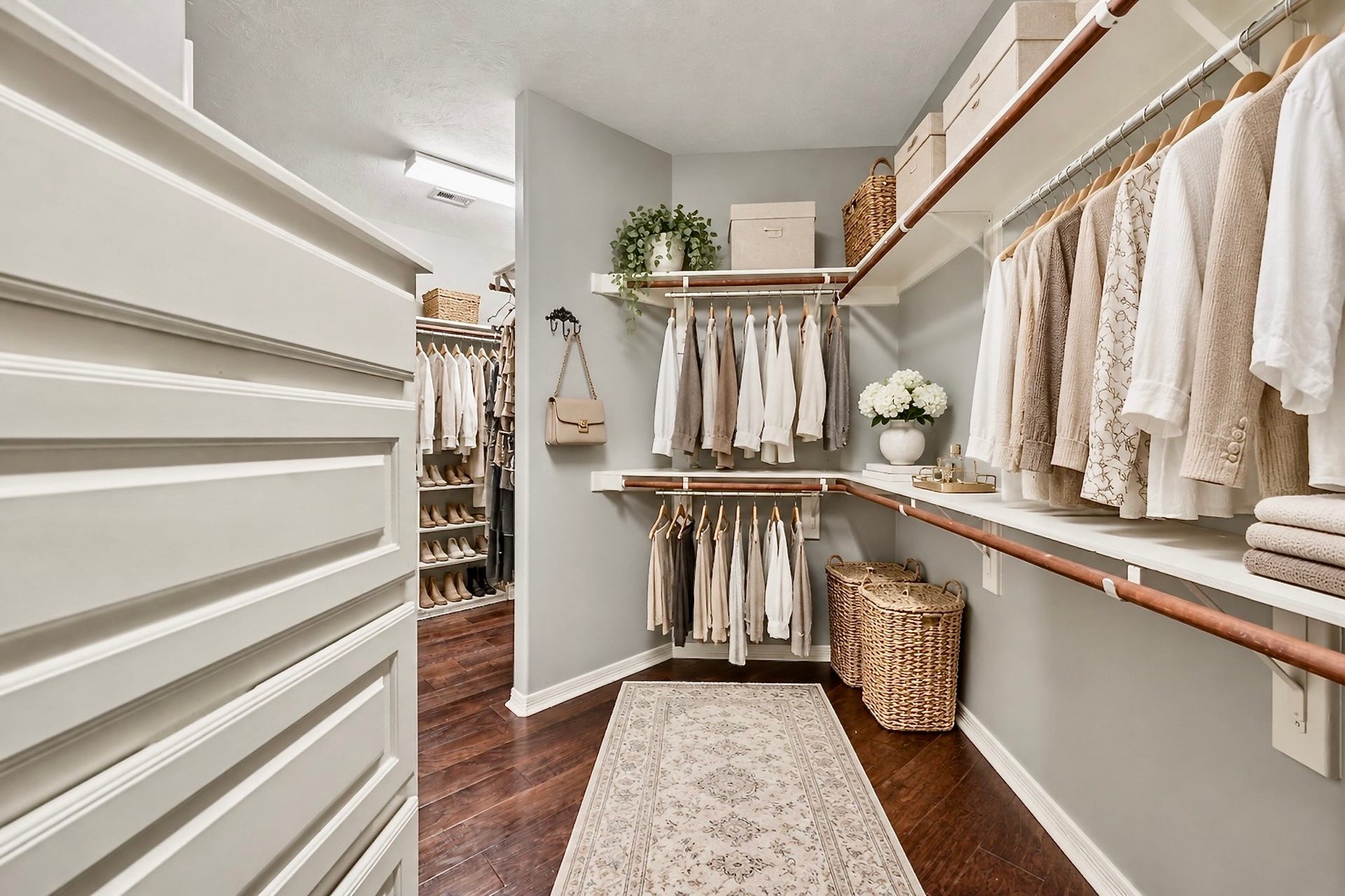 Generous walk-in closet with extensive shelving and exceptional storage capacity. Virtually staged.