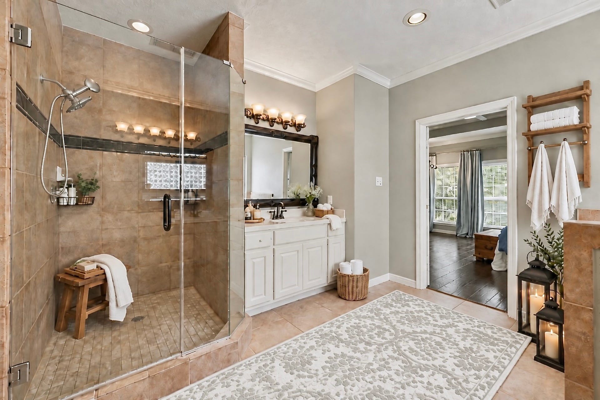 Well-appointed primary bath with dual vanities, soaking tub, separate shower, and neutral finishes.Virtually staged