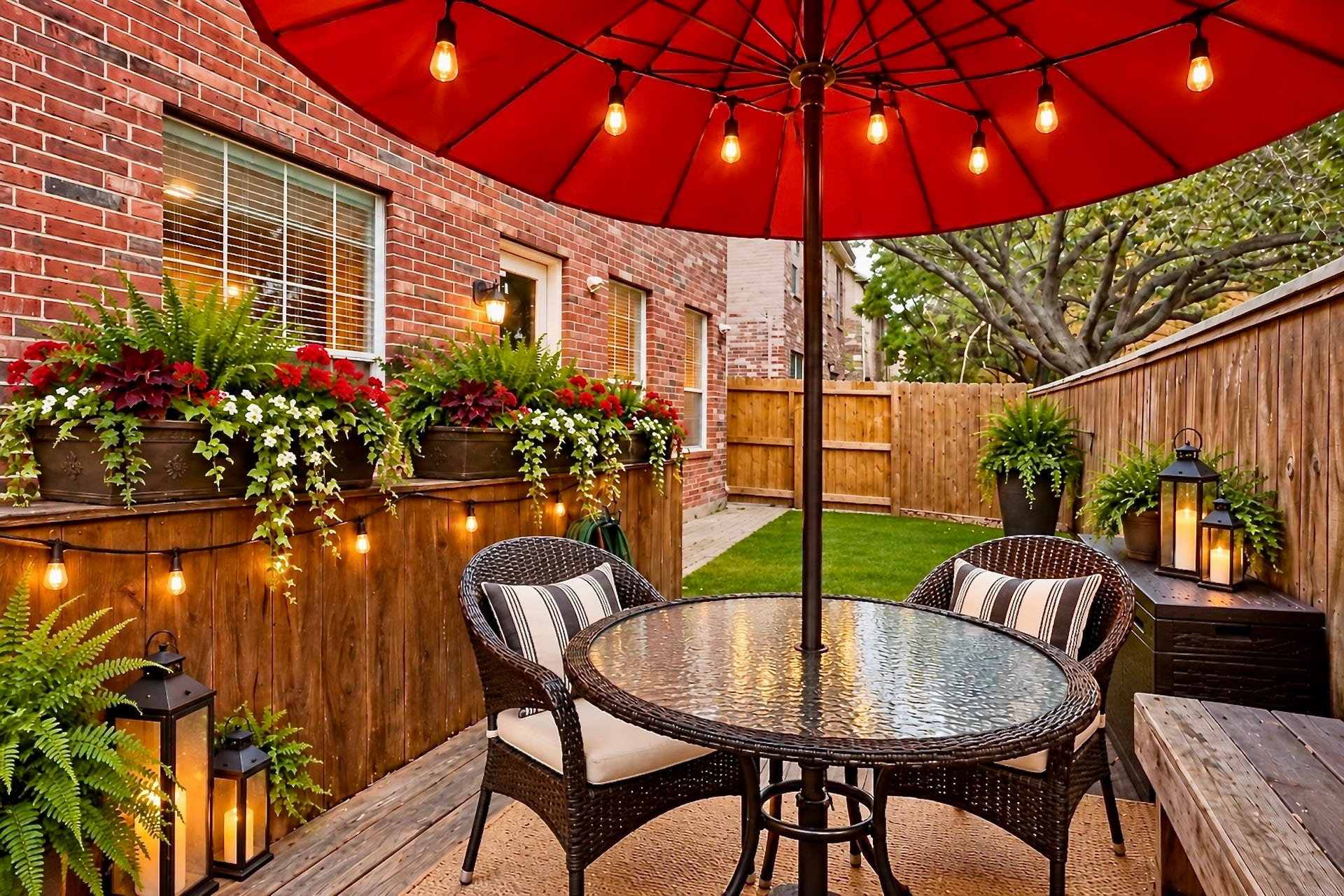 Low-maintenance backyard with artificial turf and patio, creating an easy-care outdoor space for relaxing or entertaining. Virtually staged.