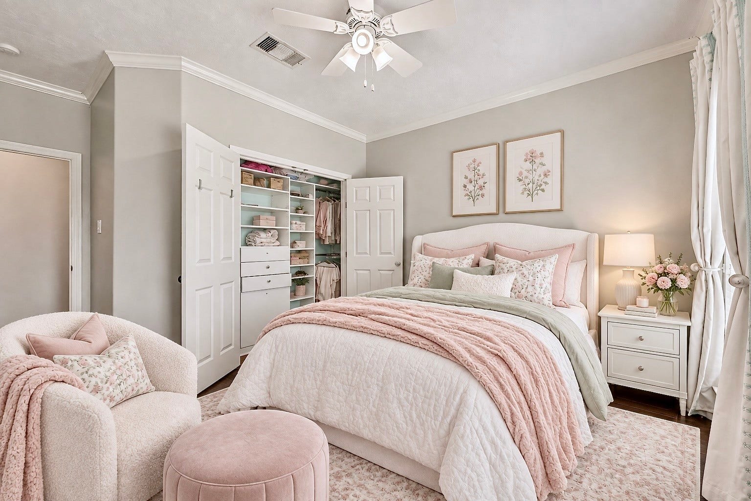 Comfortable secondary bedroom with custom closet built-ins, natural light, ceiling fan, and neutral finishes. Virtually staged.