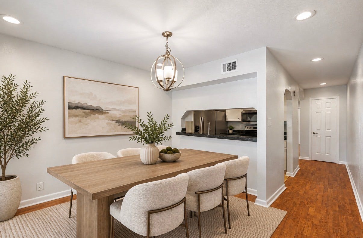 12633 Memorial Drive, #118, Houston, TX 77024 Dining area - virtually staged for illustrative purposes only. Furniture and decor are not included in the sale.