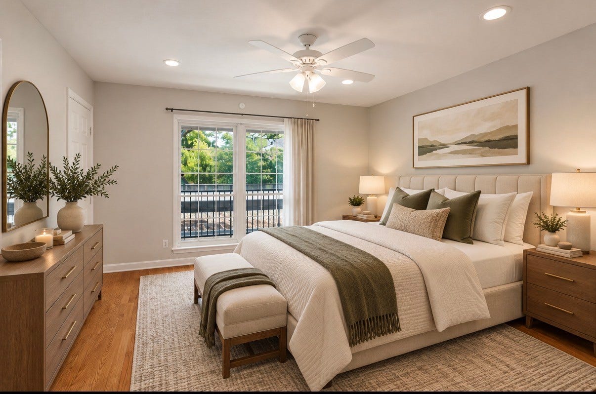 12633 Memorial Drive, #118, Houston, TX 77024 Primary bedroom - virtually staged for illustrative purposes only. Furniture and decor are not included in the sale.