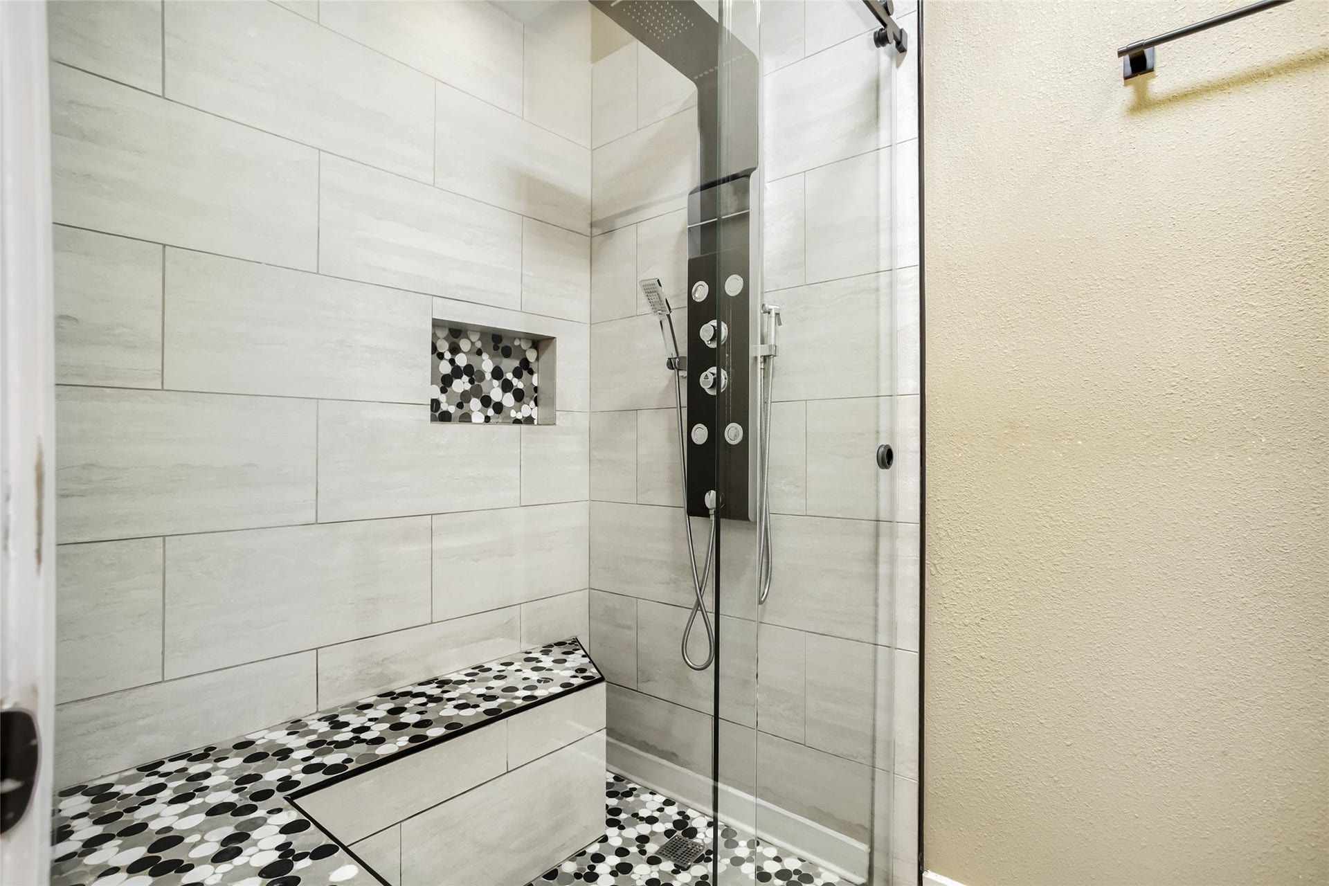 1818 Augusta Drive, #13, Houston, TX 77057 Ceramic Tile, RAIN WALK IN SHOWER W/ SEATING WHEELCHAIR ACCESSIBLE, Linen Closet w/ Hamper, Bidet and additional Cabinet over Toilet/Bidet