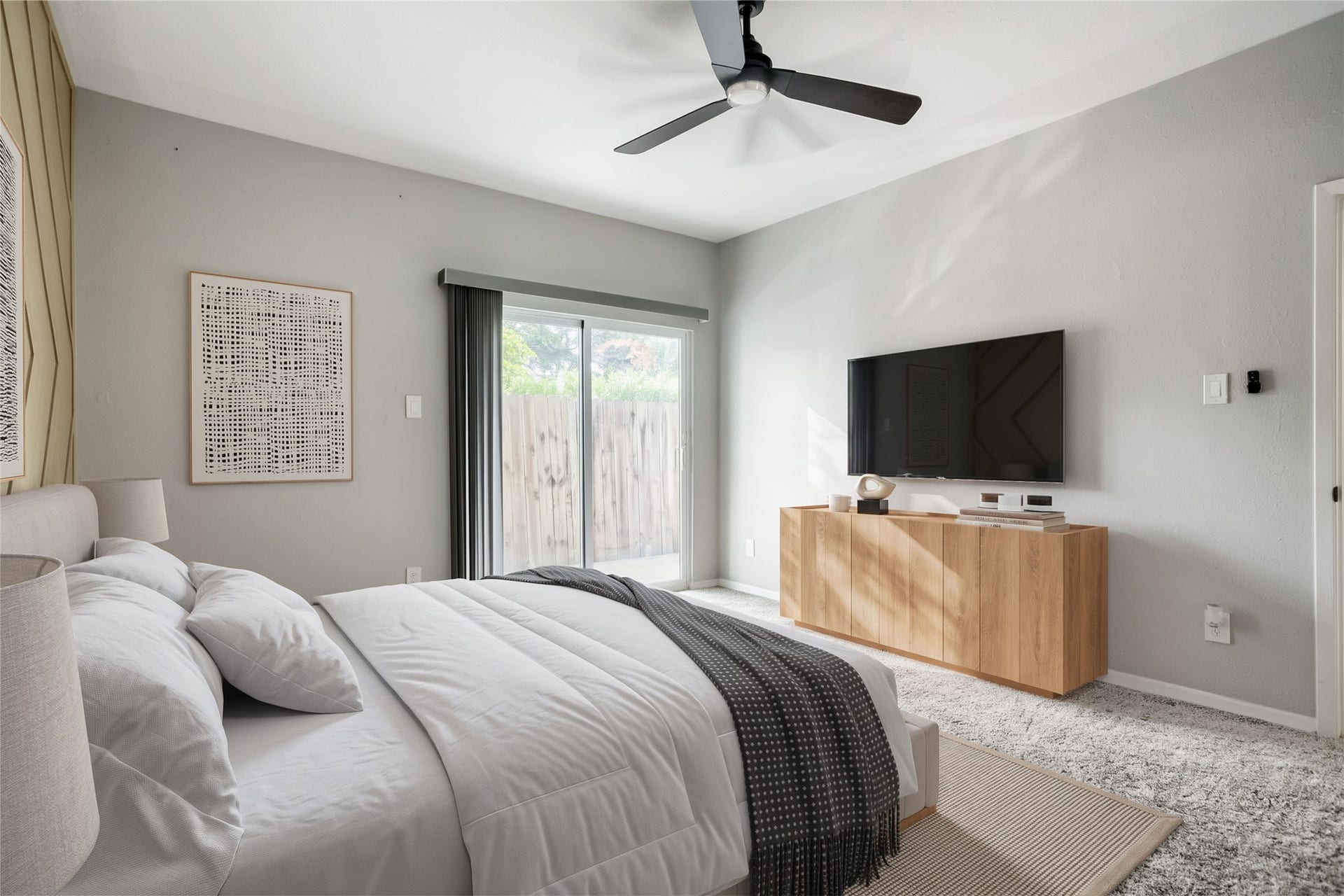 1818 Augusta Drive, #13, Houston, TX 77057 Primary Bedroom Virtually Staged, Private Patio, Accent Wall and Plush recent carpet