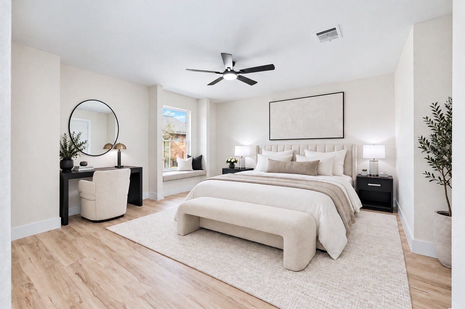 Another angle of the primary bedroom that has been virtually staged to showcase the layout