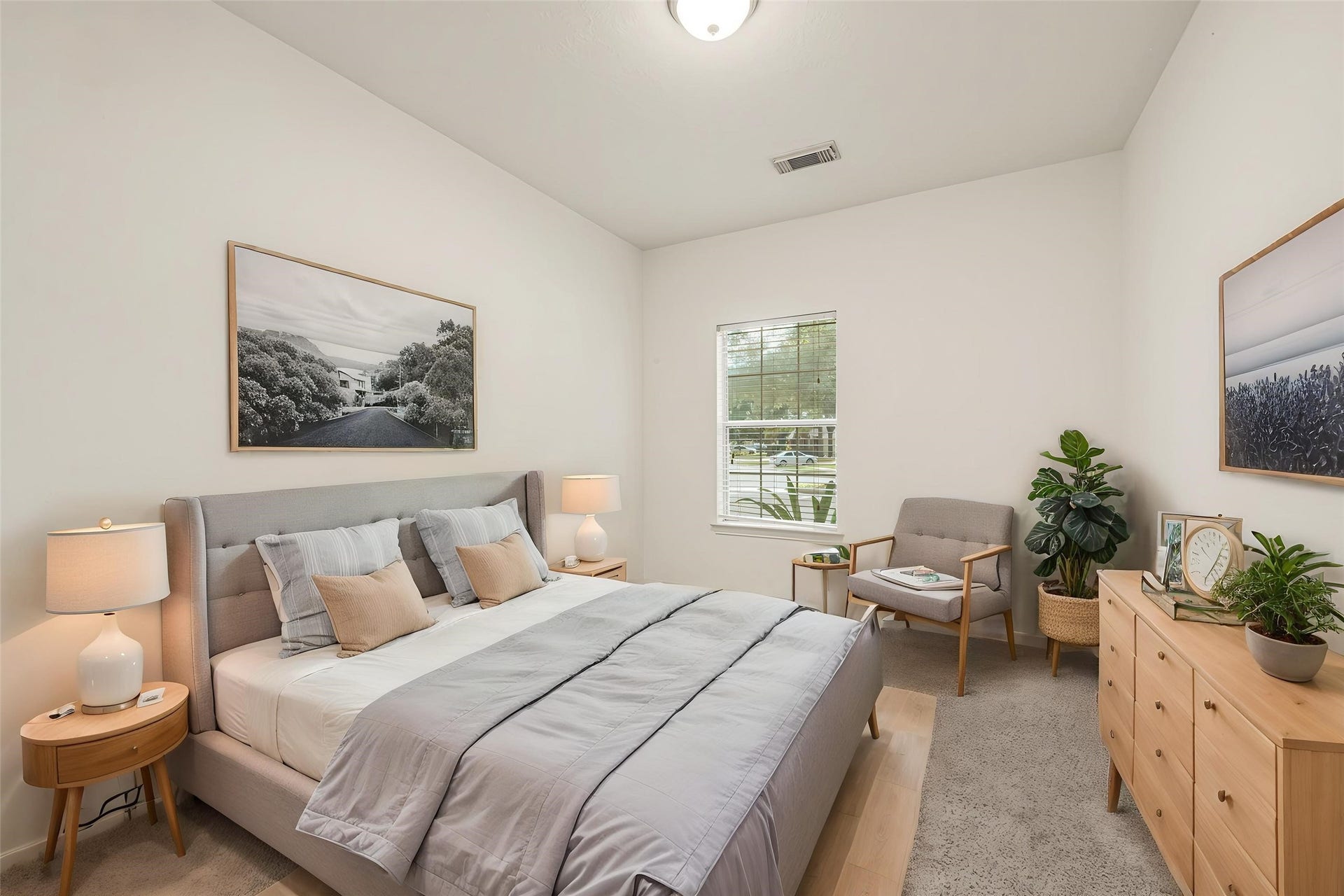 7102 Hollow Field Lane, Cypress, TX 77433 Virtually Staged: Cozy bedroom featuring plush carpeting, crisp neutral paint, and a large window framing pleasant neighborhood viewsperfectly suited for a guest room or secondary suite.