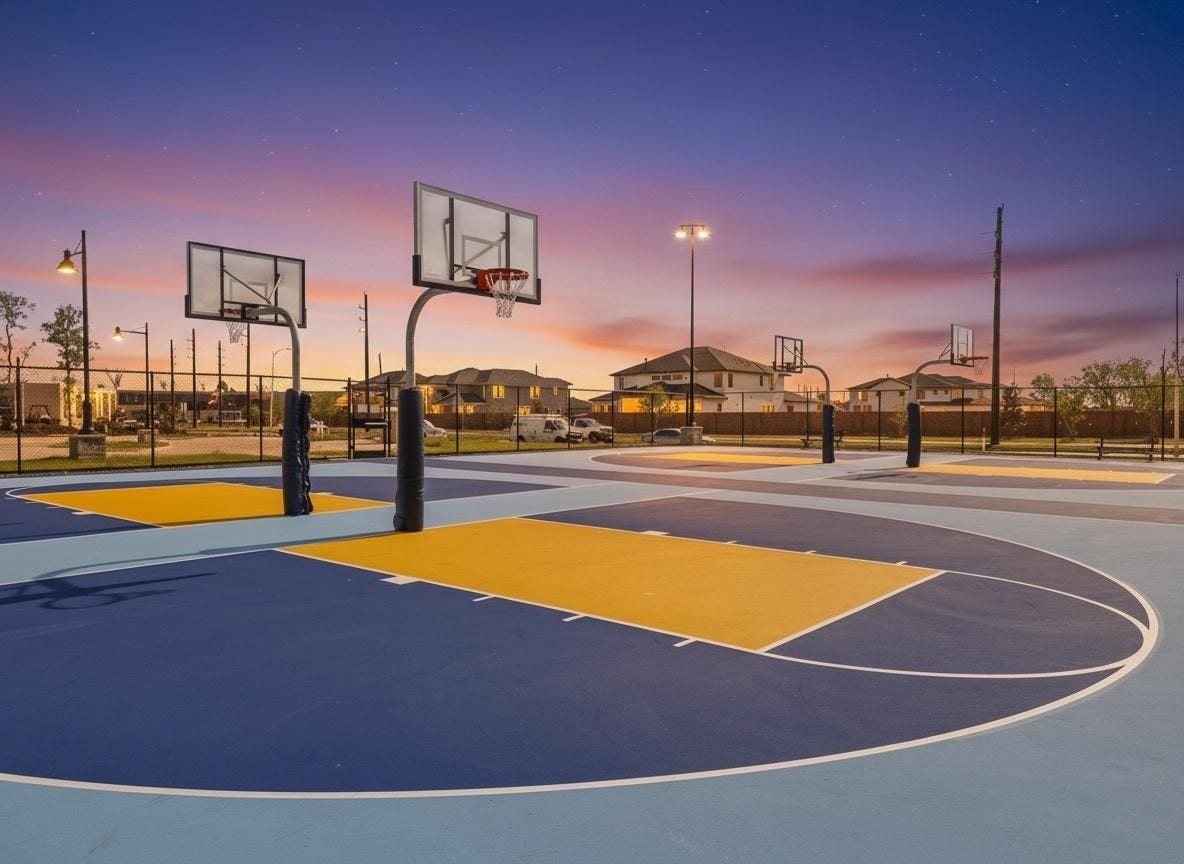 Basketball courts. [virtually enhanced]