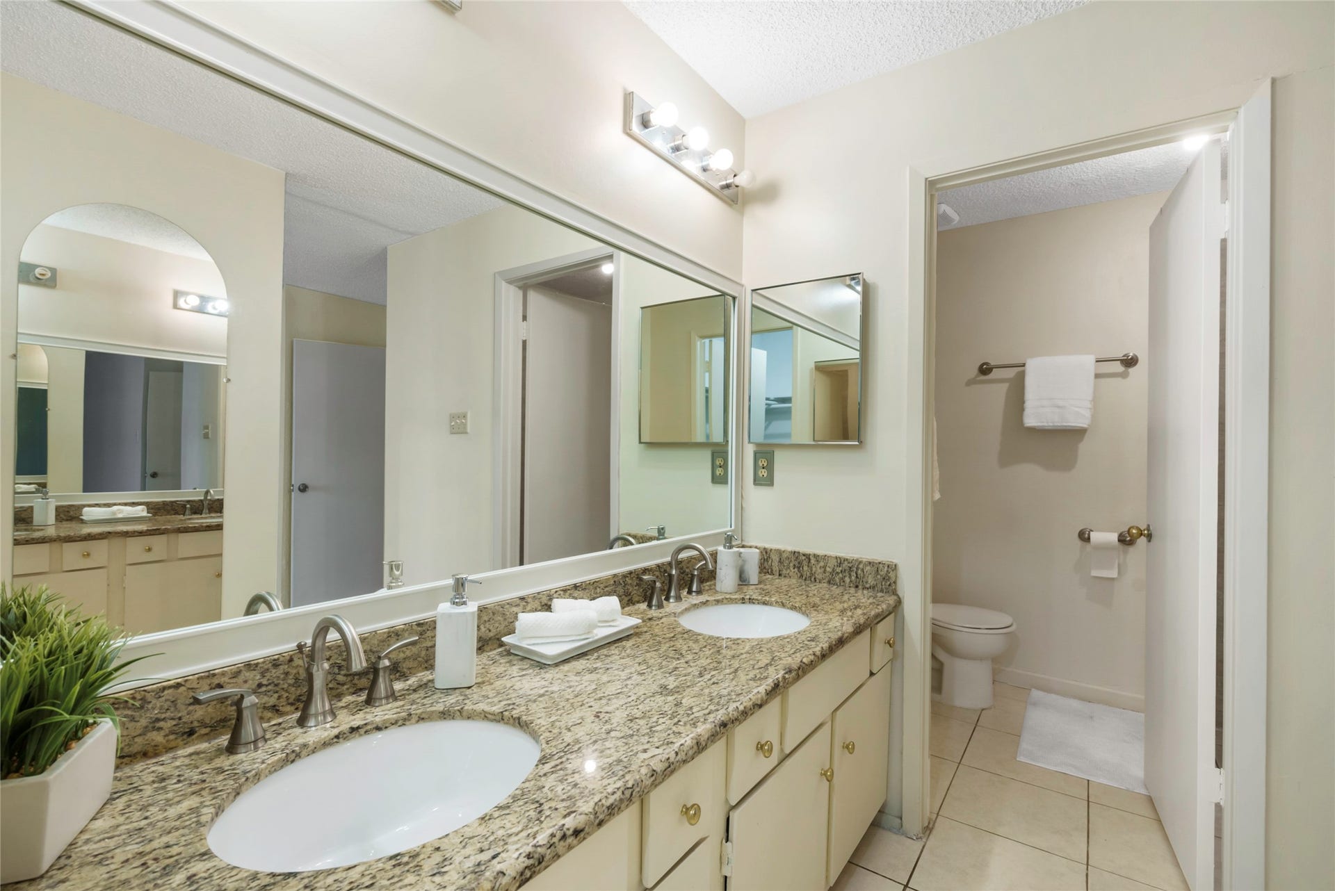 The primary bath has a double sink vanity-convenient for getting ready in the mornings!