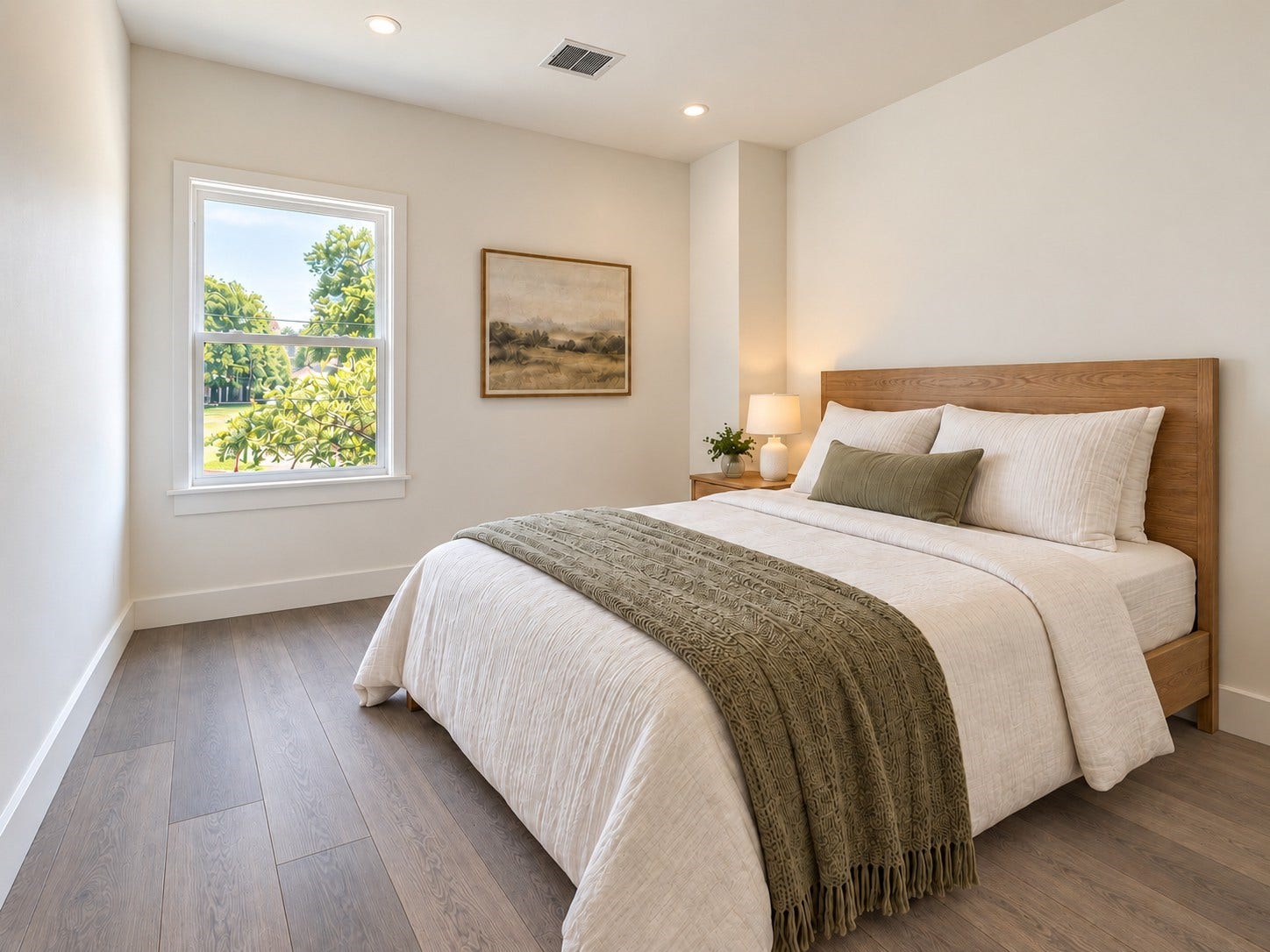 6029 Beall Street, Houston, TX 77091 Relax in this beautifully appointed bedroom featuring a warm, neutral palette and an inviting contemporary design. Natural light enters through a large window, illuminating the elegant wood-look flooring and crisp white walls. A stylish wooden bed frame, layered white bedding, and a textured olive-green throw create a comfortable retreat. These photos have been virtually rendered for visual reference.