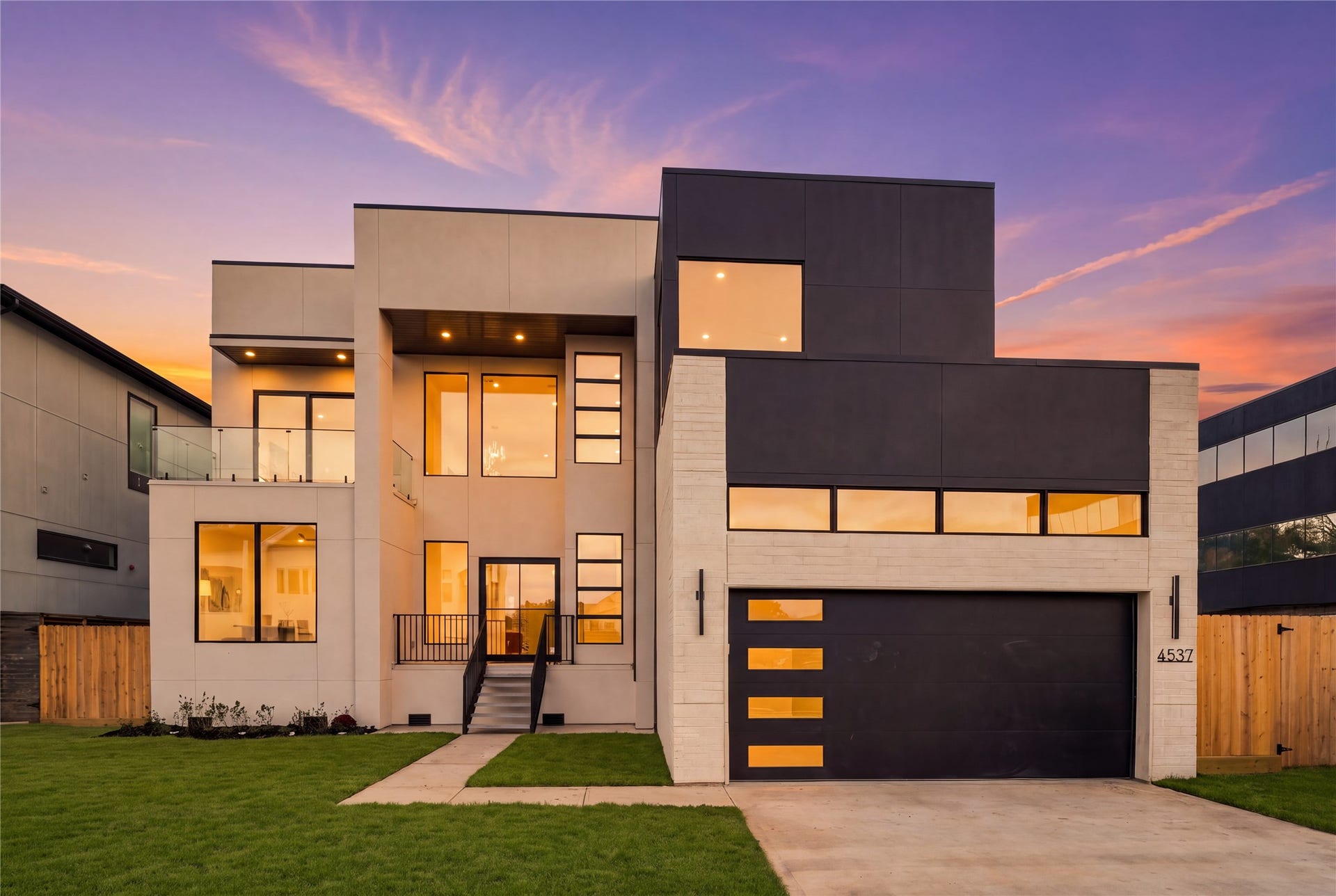 Stunning contemporary home featuring modern architectural design, expansive windows, and a beautifully landscaped front lawn.