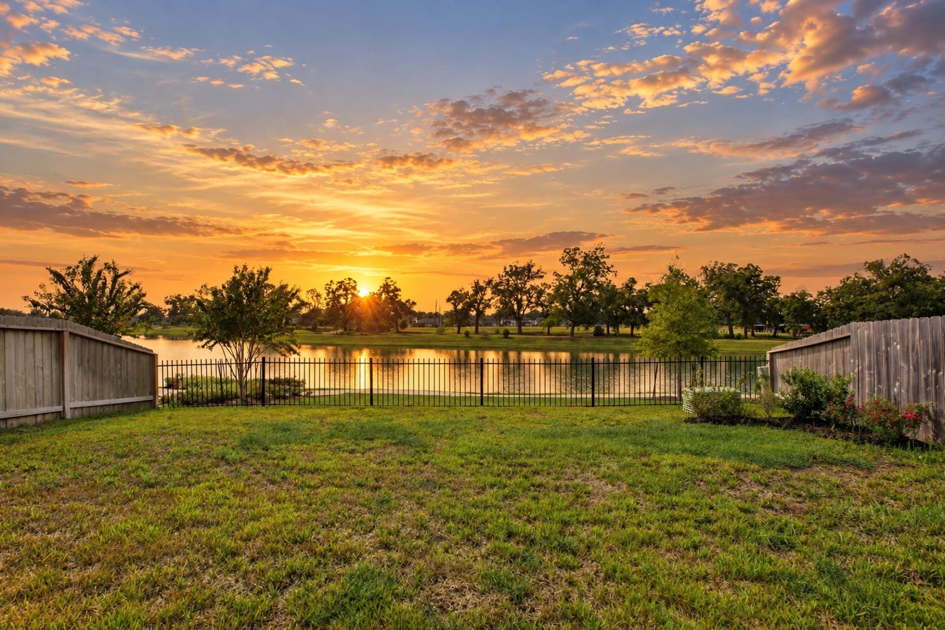 Serene backyard with a lush lawn and unobstructed views of a tranquil lake at sunset.