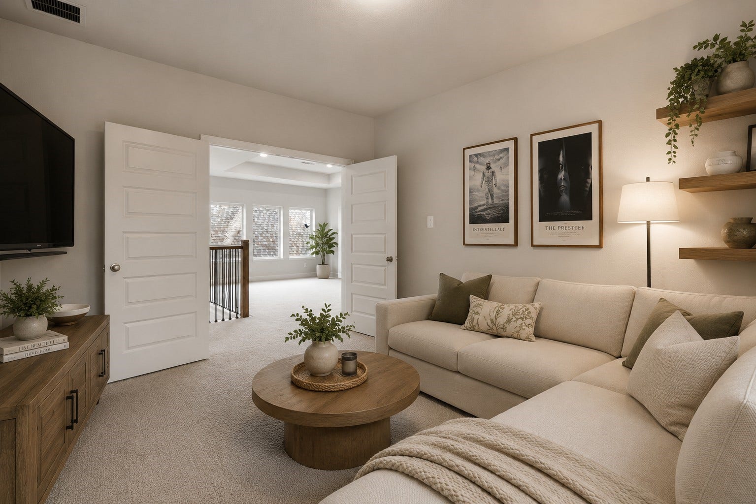 1147 Beals Creek Street, Conroe, TX 77304 The upstairs media room is the perfect place to enjoy movie nights, cheer on your favorite team, or entertain family and friends. *VIRTUALLY STAGED
