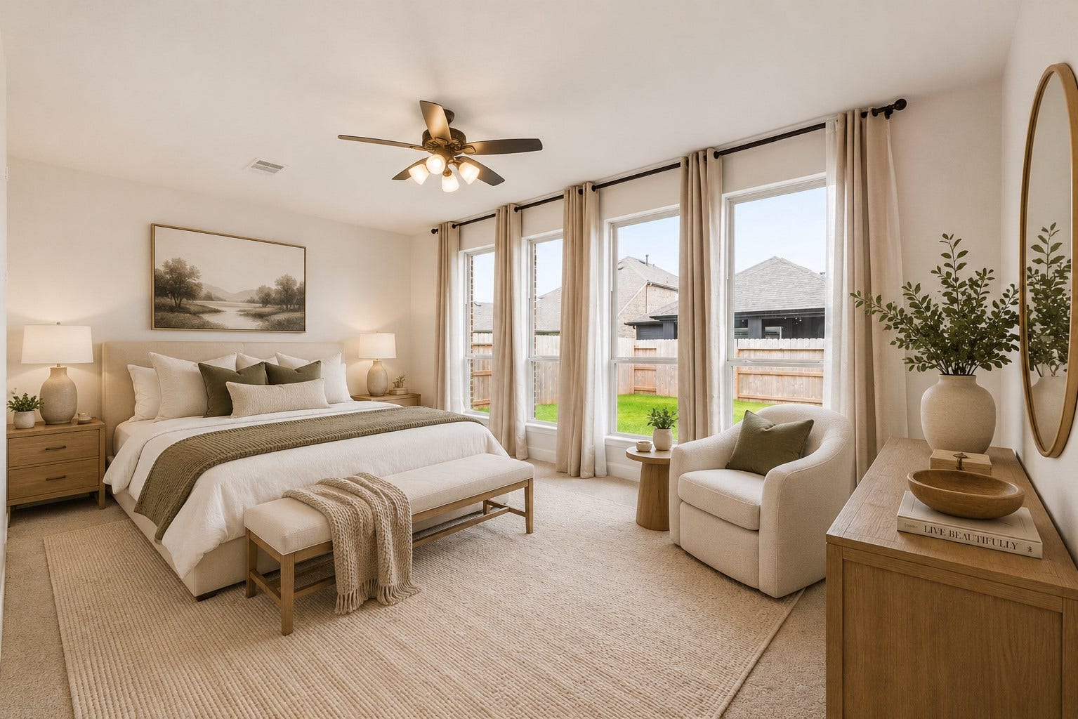1147 Beals Creek Street, Conroe, TX 77304 Privately situated, the serene primary suite offers a peaceful retreat filled with natural light, creating a bright, open, and airy atmosphere. *VIRTUALLY STAGED